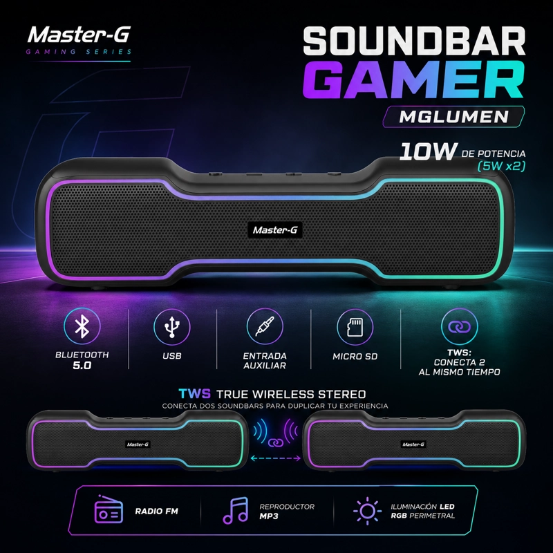SOUNDBAR PARLANTE GAMER BLUETOOTH RGB 10W MGLUMEN MASTER-G - 3