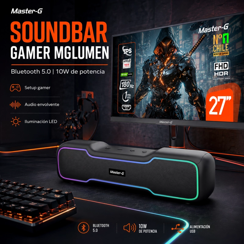 SOUNDBAR PARLANTE GAMER BLUETOOTH RGB 10W MGLUMEN MASTER-G - 4