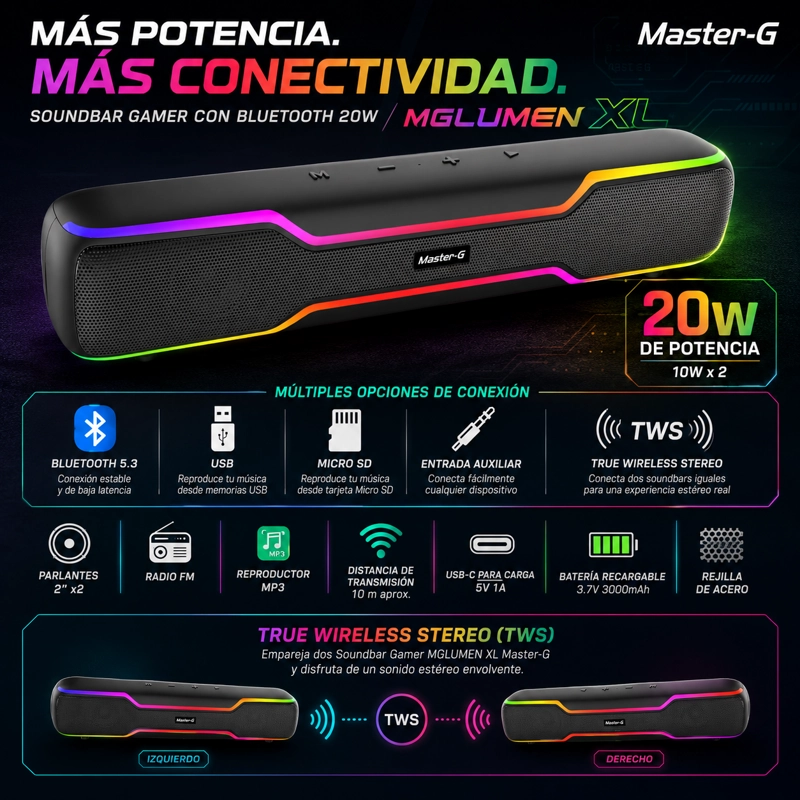 SOUNDBAR PARLANTE GAMER BLUETOOTH RGB 20W MGLUMENXL MASTER-G - 4