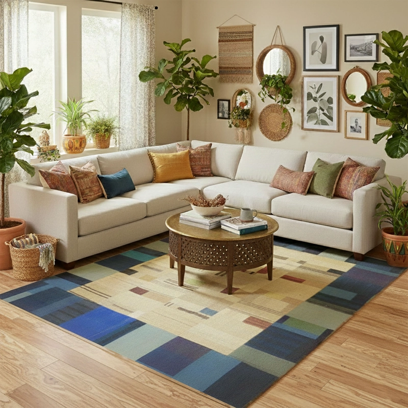 ALFOMBRA TURKUAZ KILIM PATCHWORK AZUL BEIGE - 2