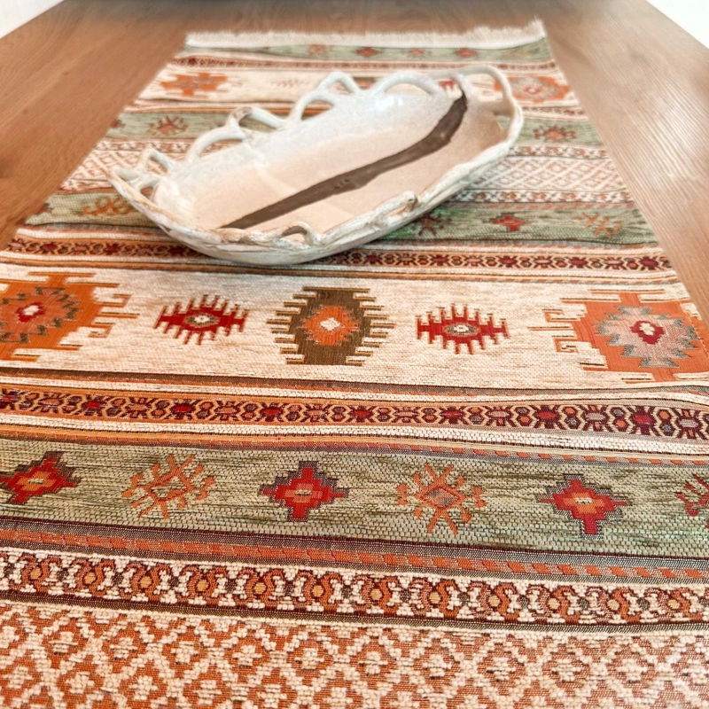CAMINO DE MESA 1 M KILIM BEIGE Y VERDE CLARO - 2