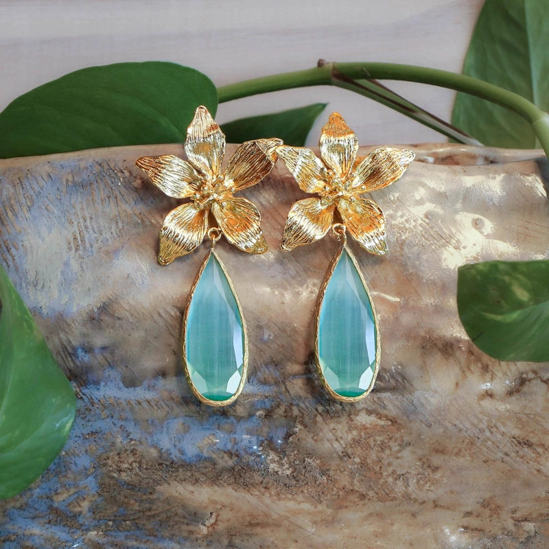 AROS ORQUIDEA VERDEAGUA XL - BAÑO DE ORO 22K - 1