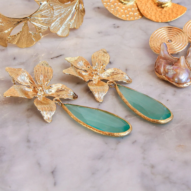 AROS ORQUIDEA VERDEAGUA XL - BAÑO DE ORO 22K - 2