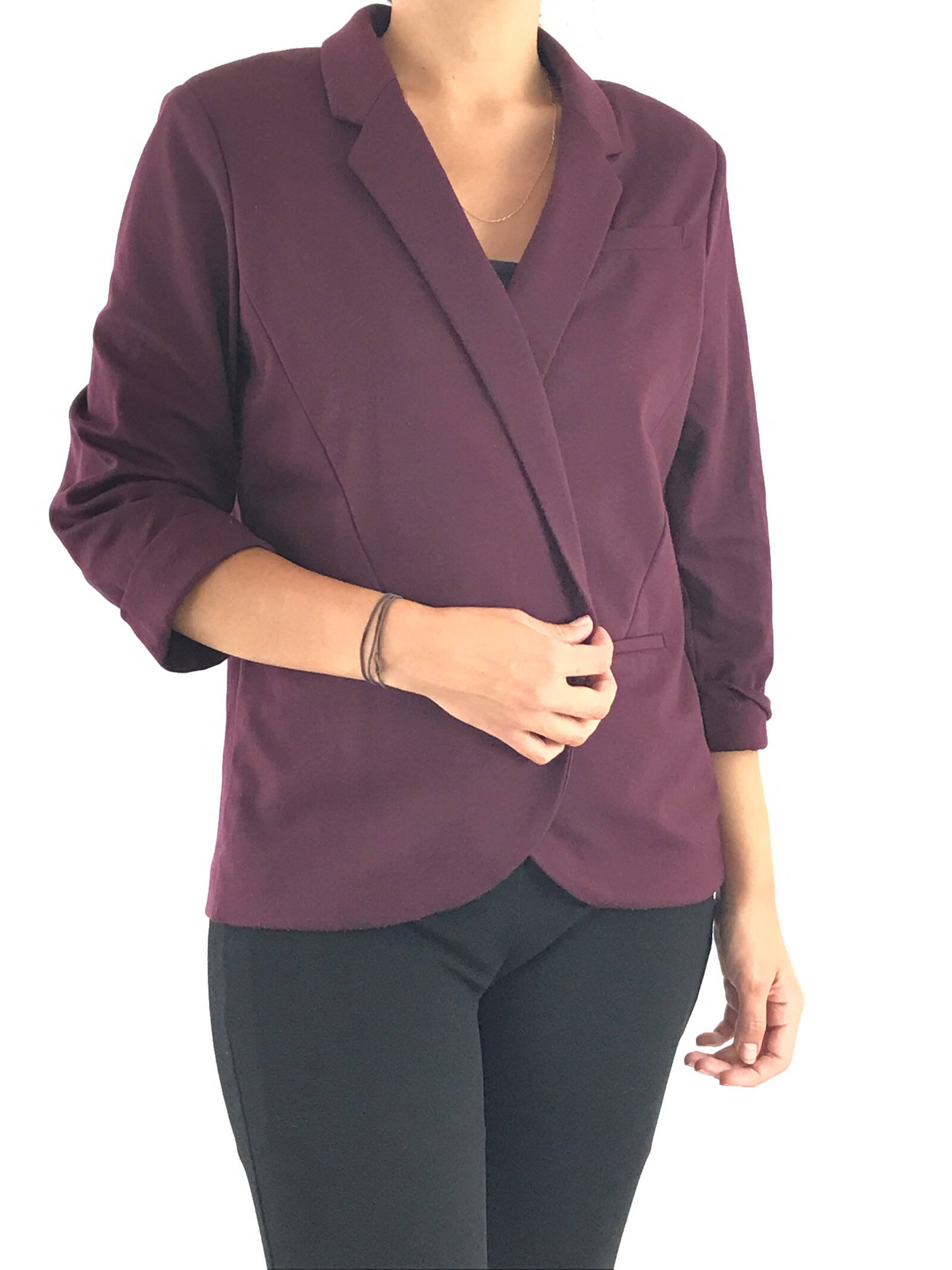 Blazer Femme Lauren Conrad – Noir, Doublure Prune, Deux Boutons, Taille 12 (M/L)