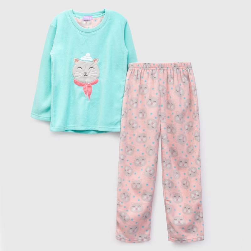 PIJAMA POLAR ESTAMPADO LARGO NIÑA TURQUESA - 1