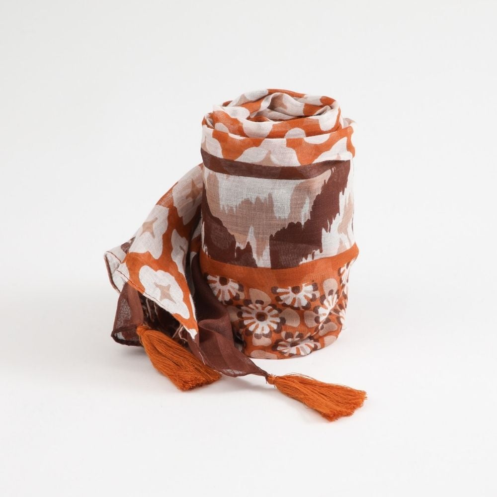 PAÑUELO ESTAMPADO ODA BORLAS MOSTAZA TATIENNE - 1
