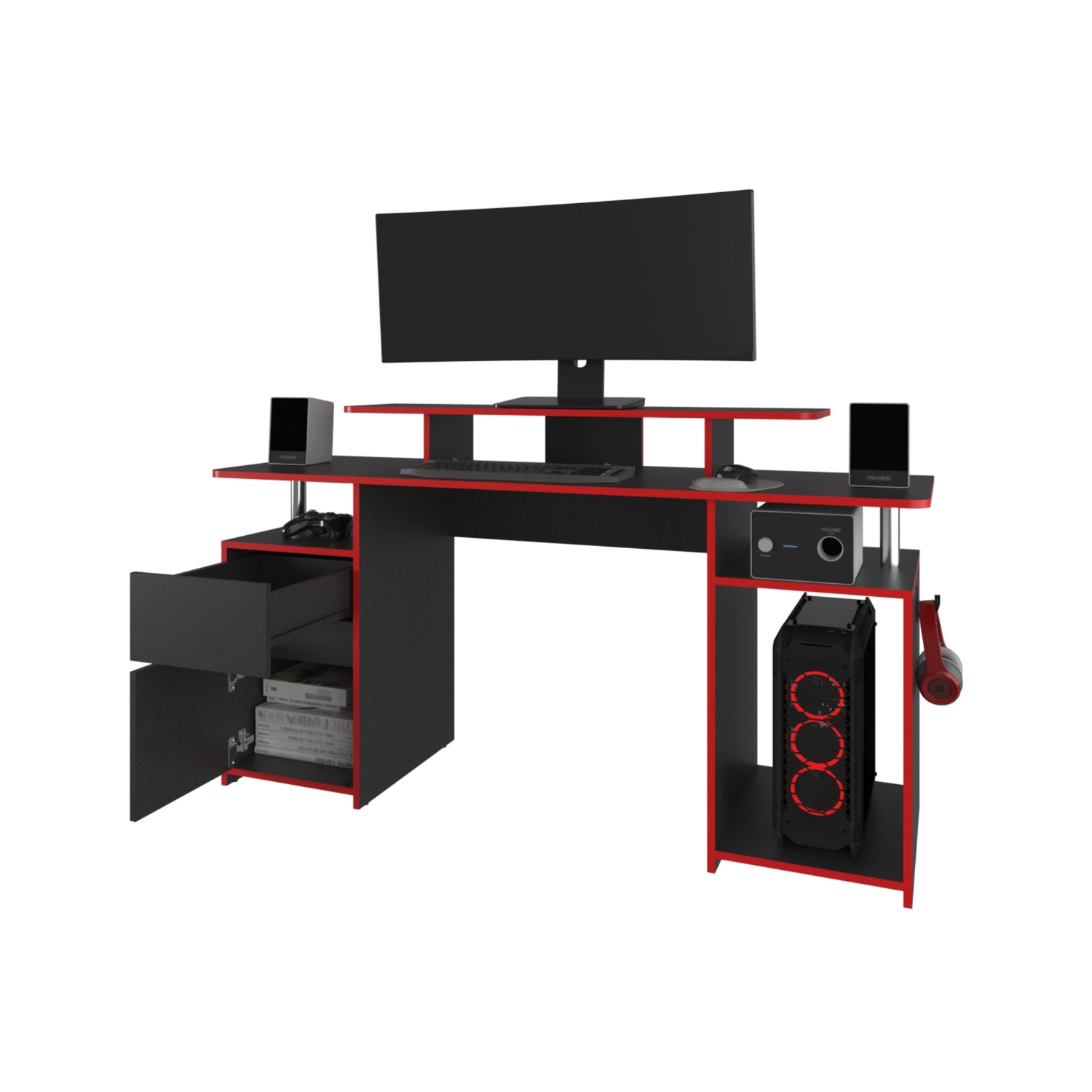 ESCRITORIO FMFURNITURE GAMER 1 PUERTA 1 CAJON FM 054N Y ROJO NEGRO - 4