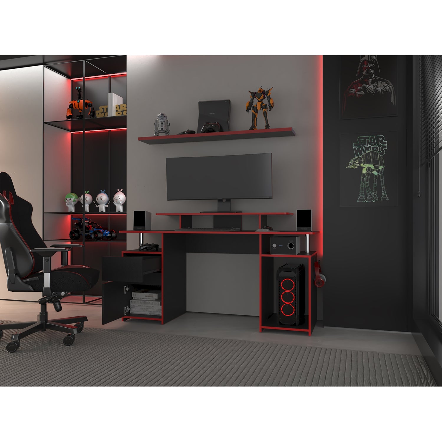 ESCRITORIO FMFURNITURE GAMER 1 PUERTA 1 CAJON FM 054N Y ROJO NEGRO - 6