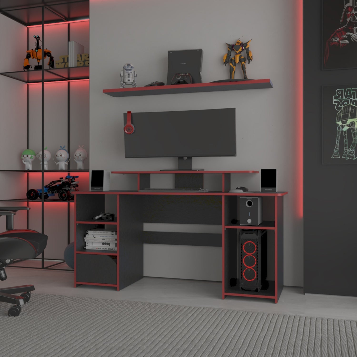 ESCRITORIO FMFURNITURE GAMER 88.5X157.1X50 CM FM 045N Y ROJO NEGRO - 5