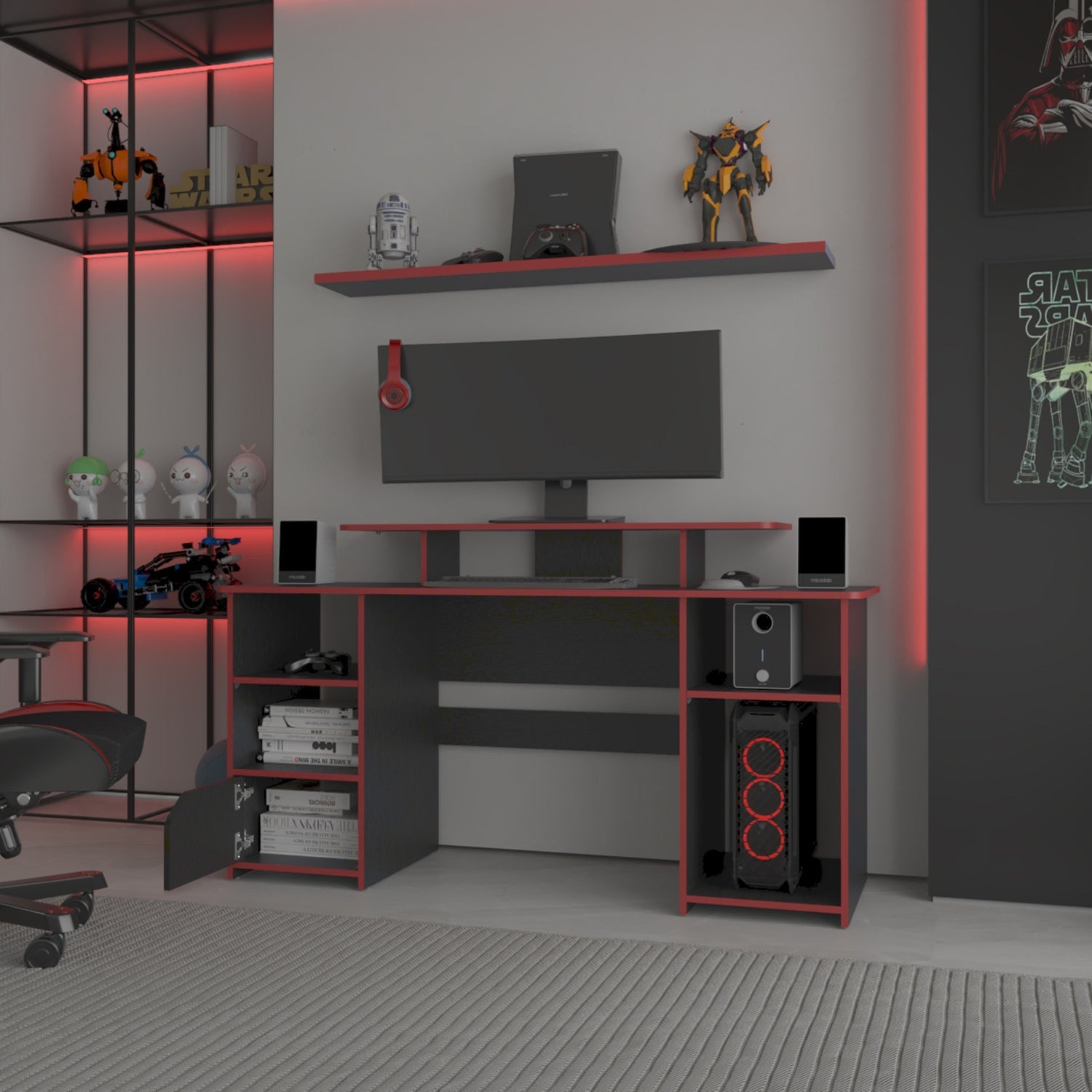 ESCRITORIO FMFURNITURE GAMER 88.5X157.1X50 CM FM 045N Y ROJO NEGRO - 6