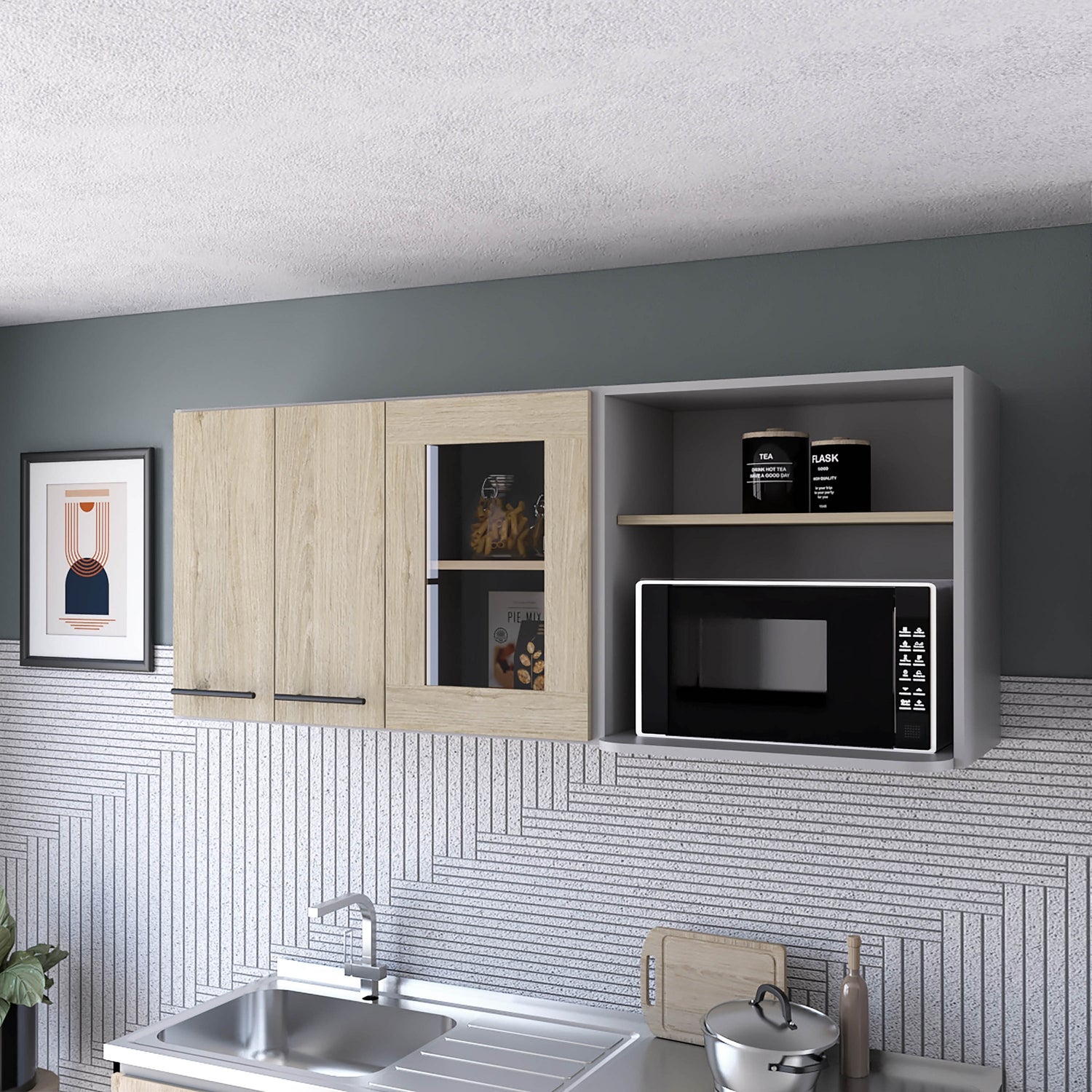 MUEBLE COCINA FMFURNITURE MURAL CON CAPACIDAD MICROONDAS 3 PUERTAS FM-003G GRIS - 5