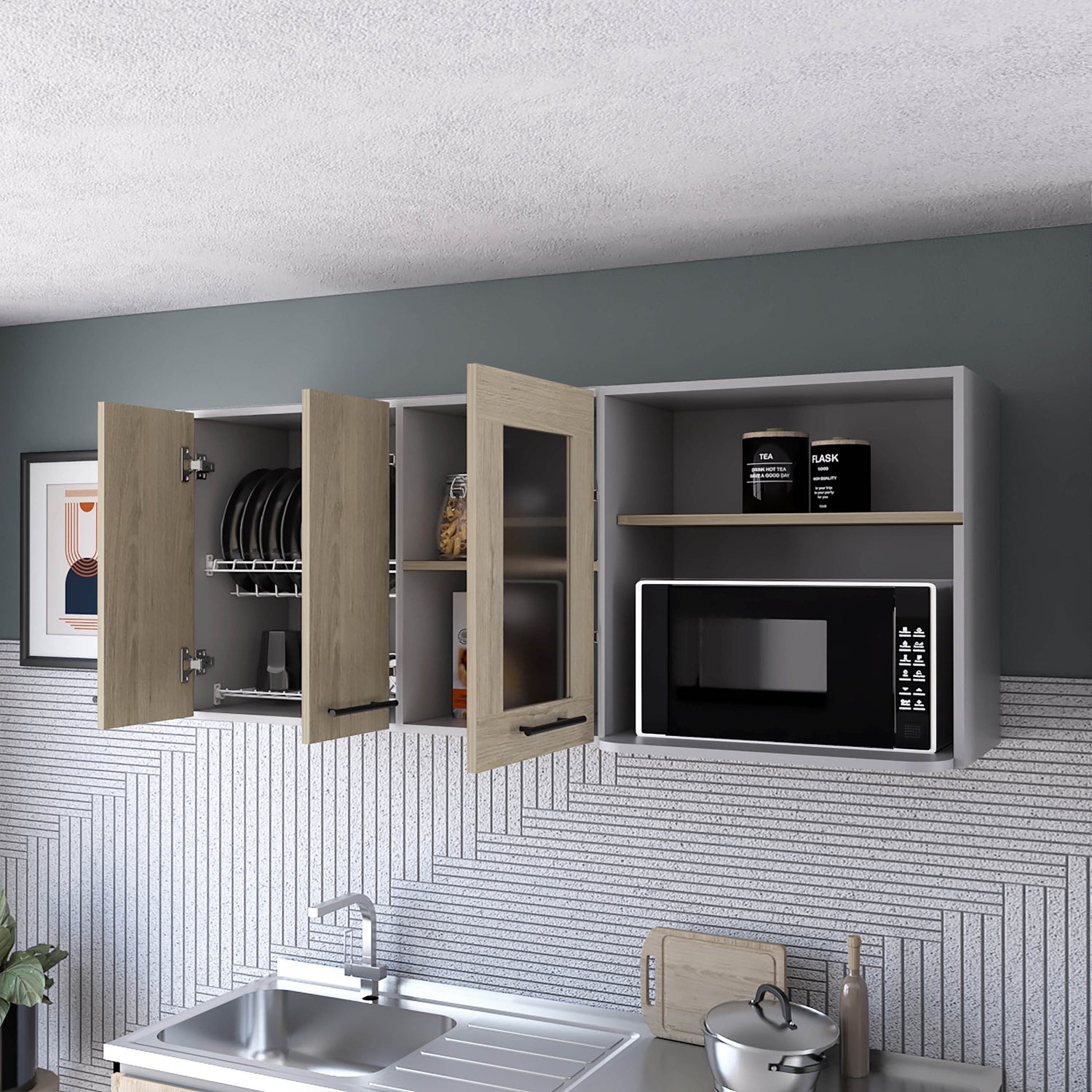 MUEBLE COCINA FMFURNITURE MURAL CON CAPACIDAD MICROONDAS 3 PUERTAS FM-003G GRIS - 6