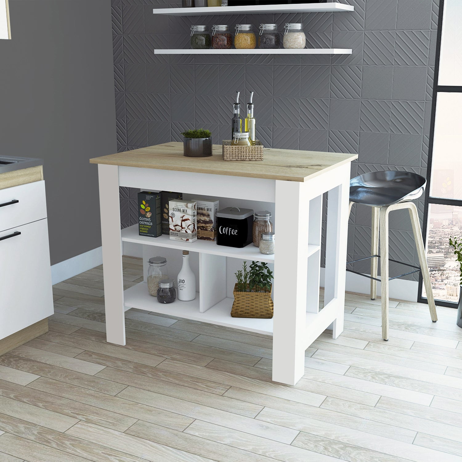 MUEBLE COCINA FMFURNITURE ISLA 103X70X90 CM FM-009A CAFÉ CLARO Y BLANCO - 4
