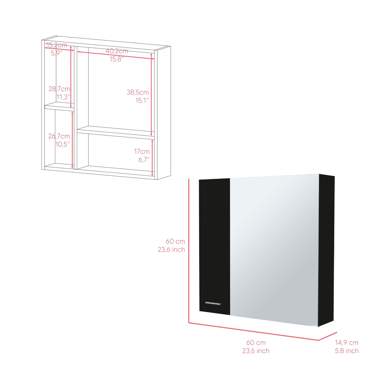 MUEBLE BAÑO FMFURNITURE BOTIQUIN 2 PUERTAS CON ESPEJO FM 002N NEGRO - 6