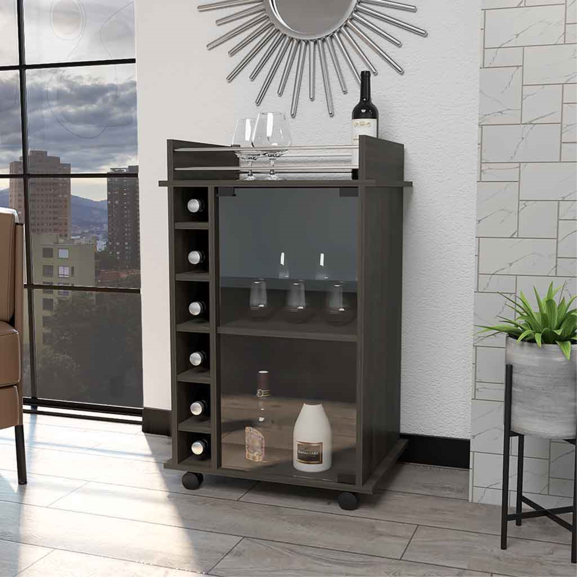 BAR FMFURNITURE BAJO 6 BOTELLEROS 1 PUERTA VIDRIO FM 009O OSCURO CAFE - 5