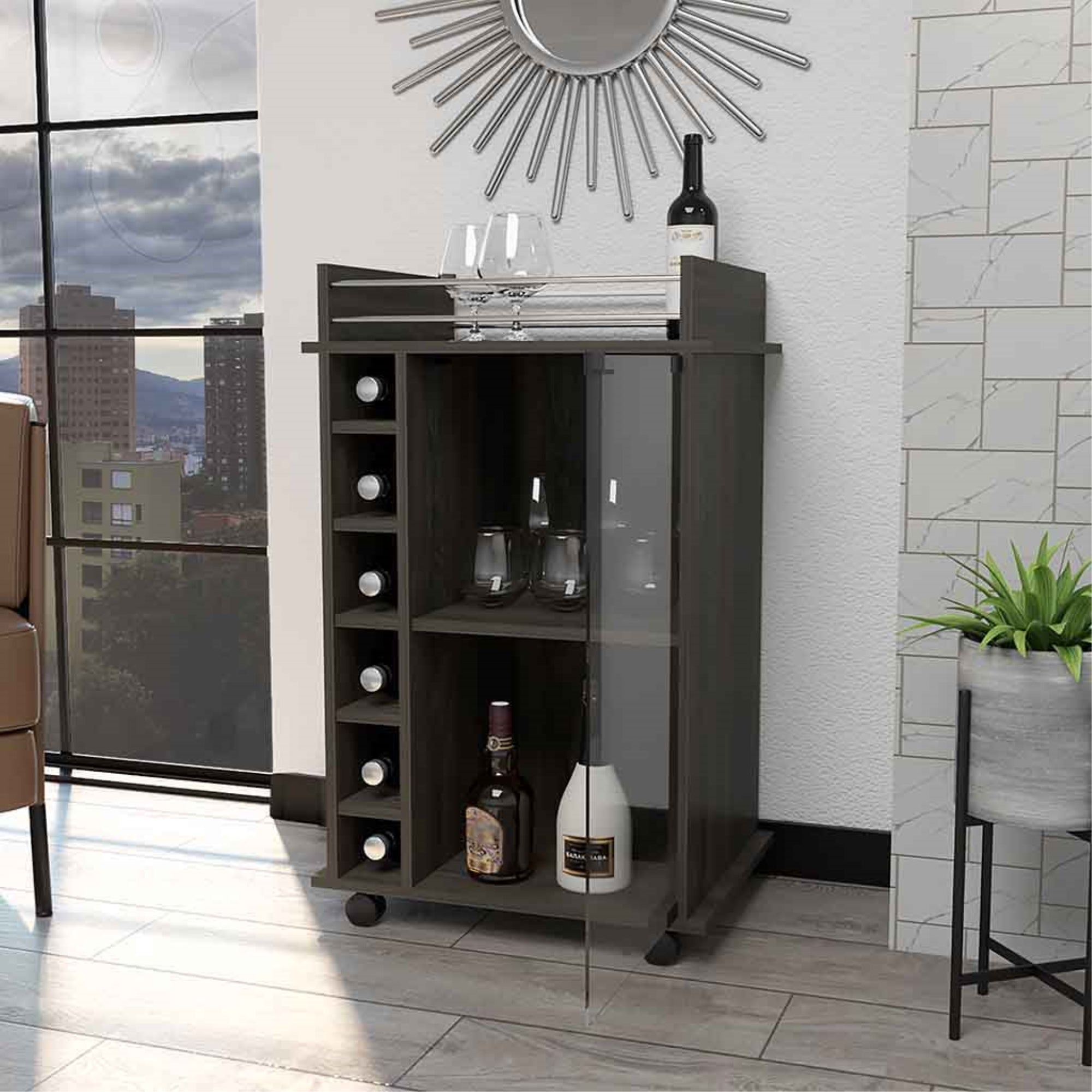 BAR FMFURNITURE BAJO 6 BOTELLEROS 1 PUERTA VIDRIO FM 009O OSCURO CAFE - 6