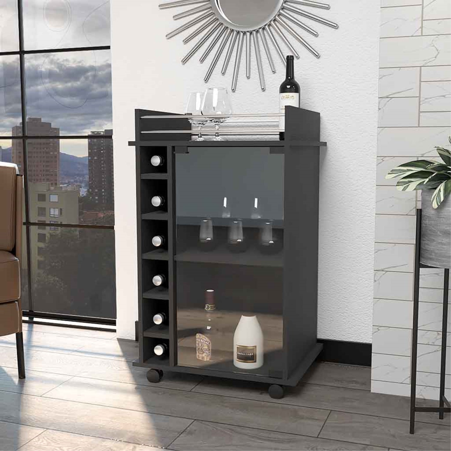 BAR FMFURNITURE BAJO 6 BOTELLEROS 1 PUERTA VIDRIO FM 009N NEGRO - 5