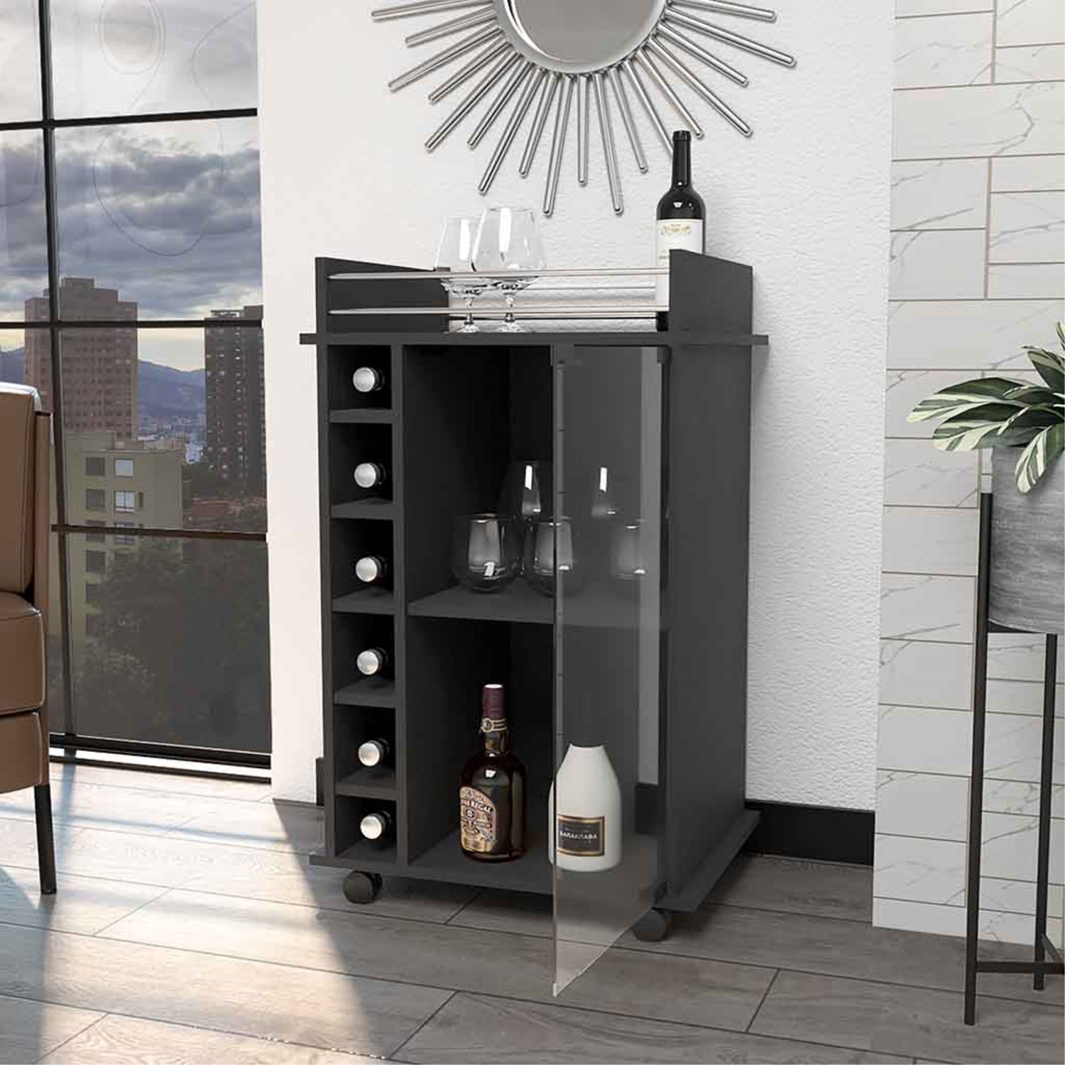 BAR FMFURNITURE BAJO 6 BOTELLEROS 1 PUERTA VIDRIO FM 009N NEGRO - 6