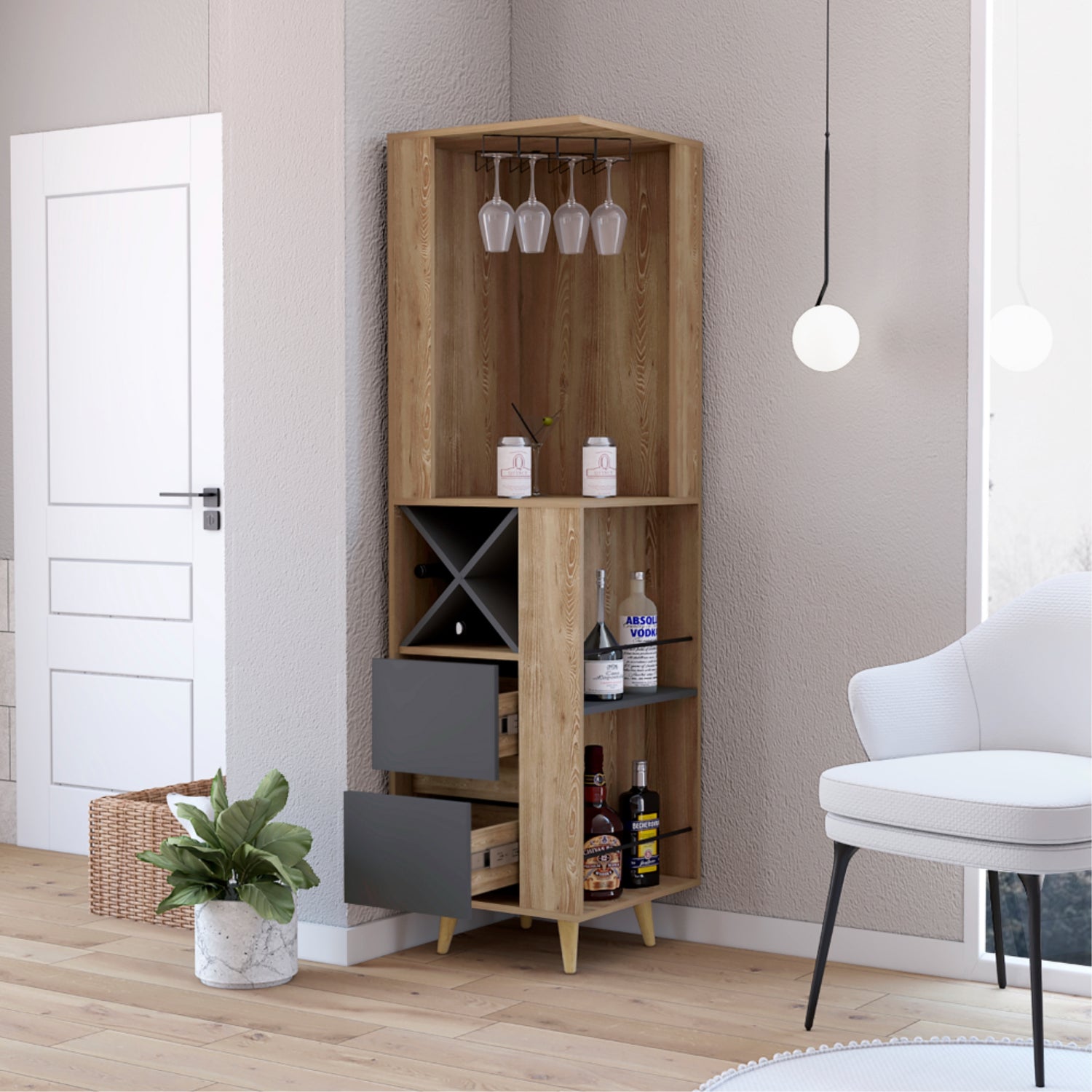 BAR FMFURNITURE ESQUINERO 2 CAJONES Y ESPACIO BOTELLAS FM 004C CAFE CLARO - 6