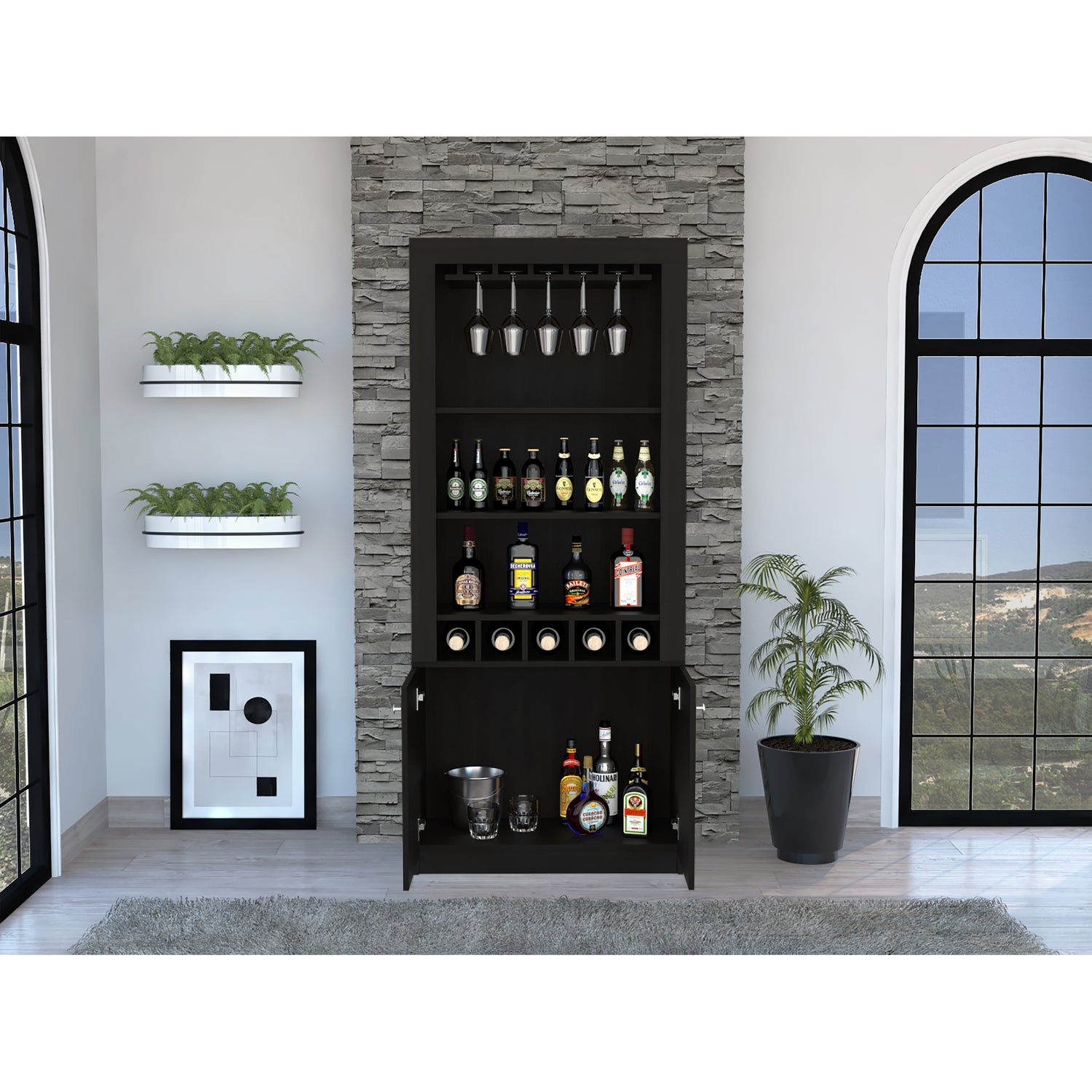 BAR FMFURNITURE ALTO 5 BOTELLEROS Y PORTACOPAS FM 003C CAFÉ OSCURO NEGRO - 6