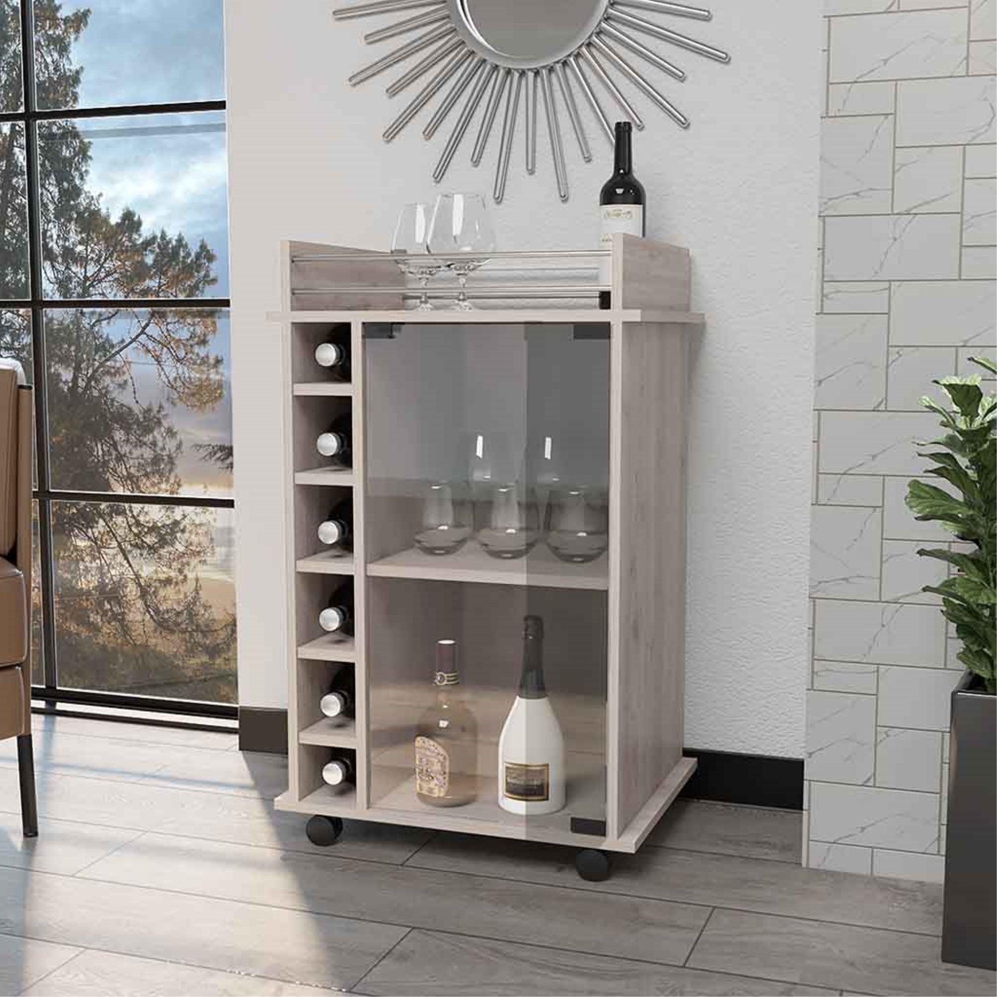 BAR FMFURNITURE BAJO 6 BOTELLEROS 1 PUERTA VIDRIO FM 009C CAFE CLARO - 5