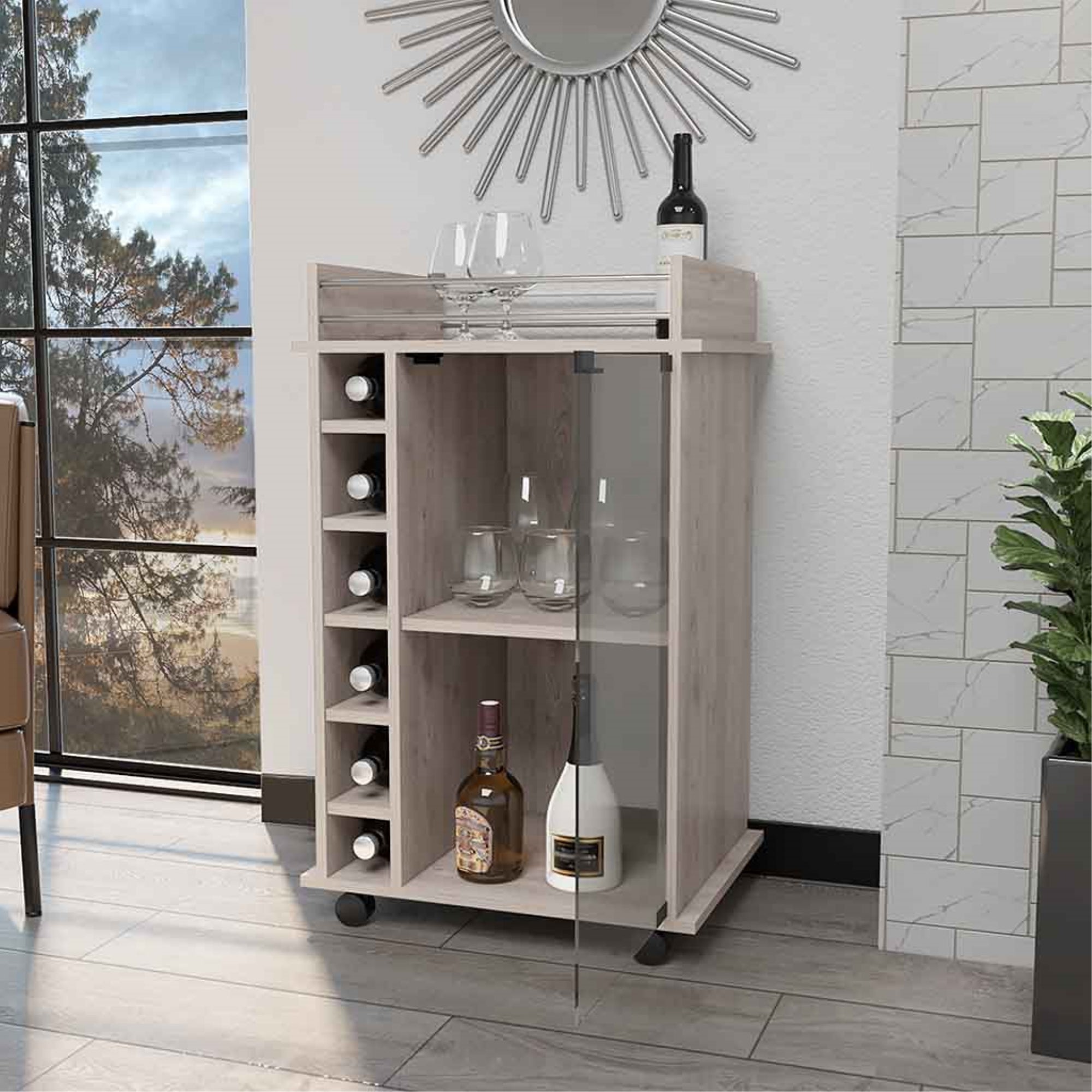 BAR FMFURNITURE BAJO 6 BOTELLEROS 1 PUERTA VIDRIO FM 009C CAFE CLARO - 6