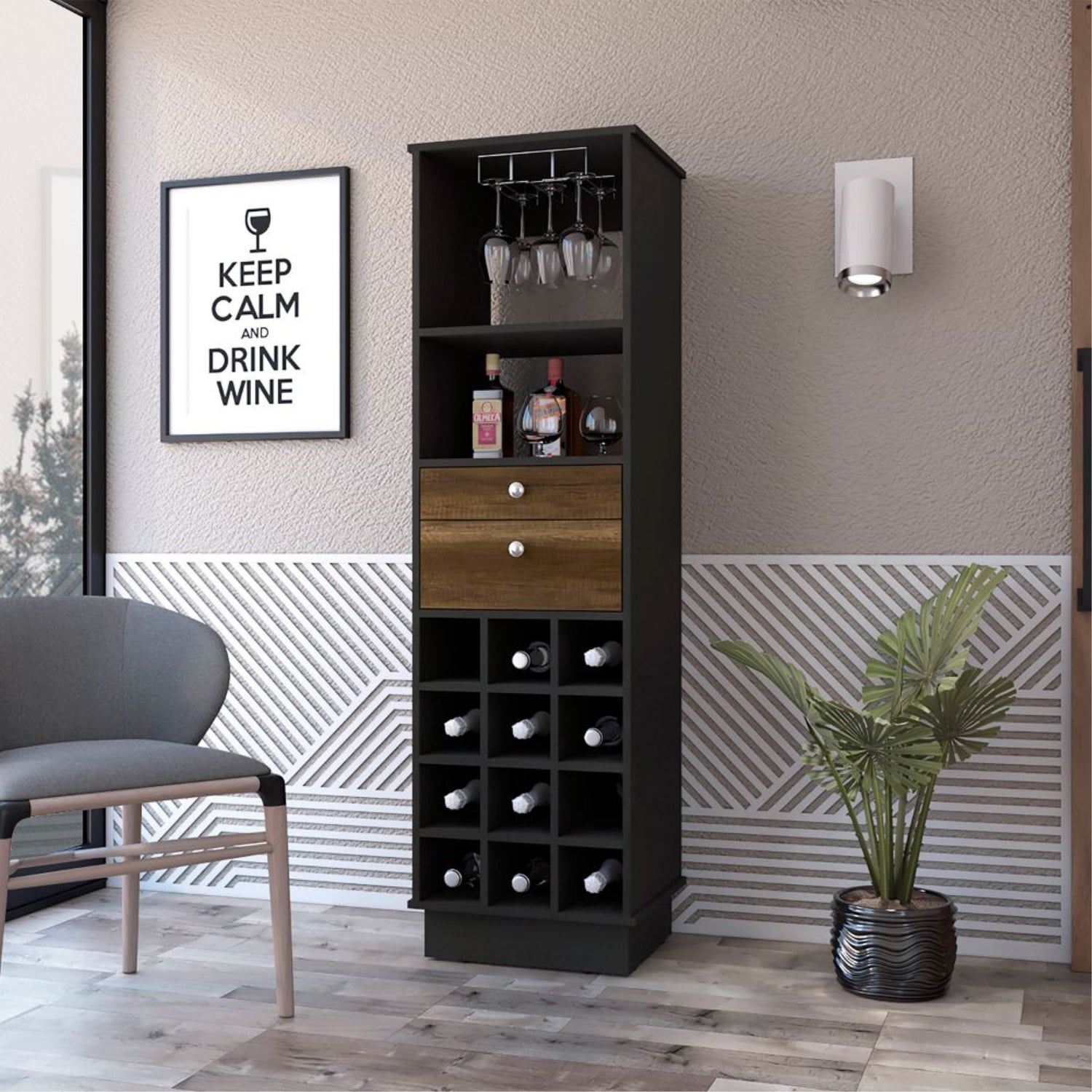 BAR FMFURNITURE ALTO 2 CAJONES 12 BOTELLEROS FM 002C NEGRO CAFE - 3