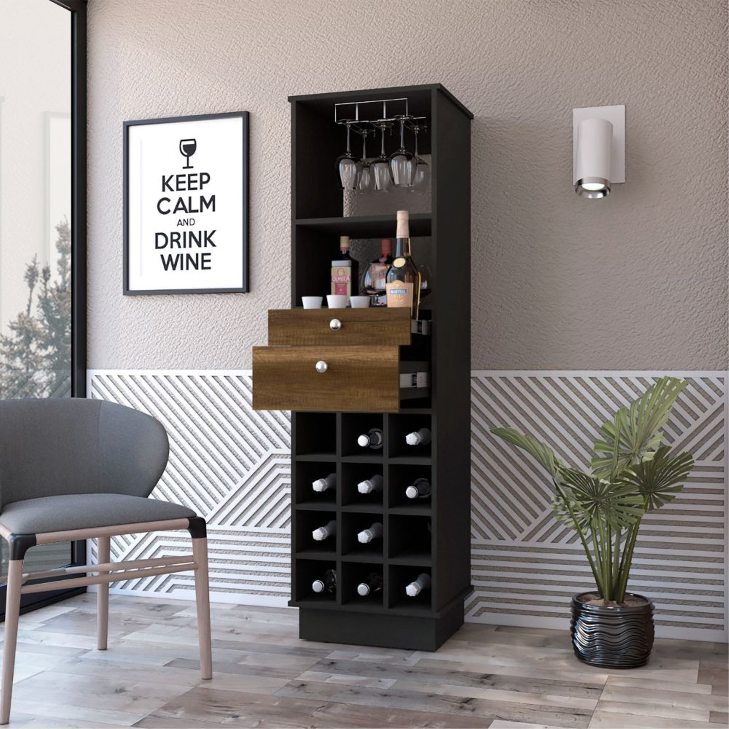 BAR FMFURNITURE ALTO 2 CAJONES 12 BOTELLEROS FM 002C NEGRO CAFE - 4