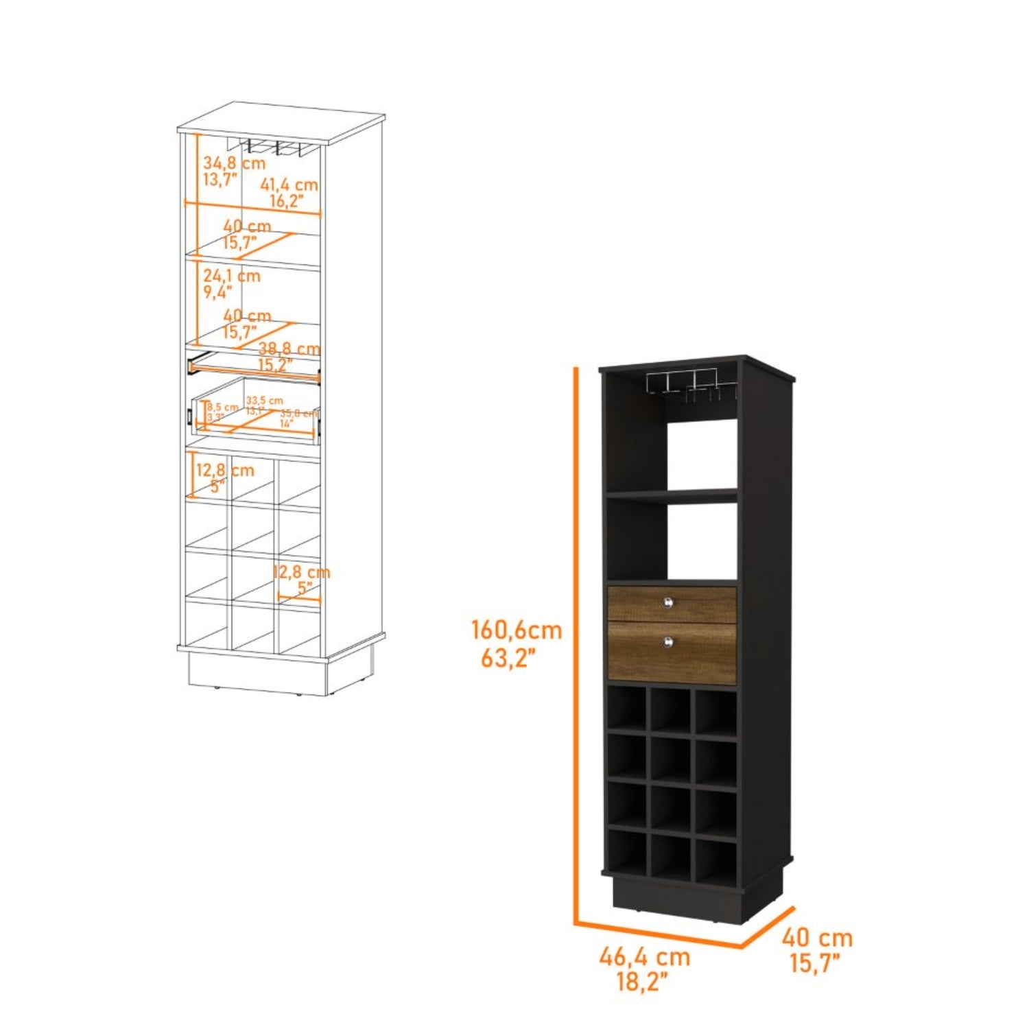 BAR FMFURNITURE ALTO 2 CAJONES 12 BOTELLEROS FM 002C NEGRO CAFE - 5