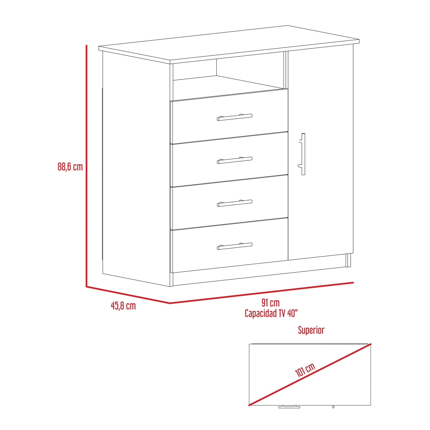COMODA FMFURNITURE 4 CAJONES 1 PUERTA FM 018G CLARO GRIS - 7