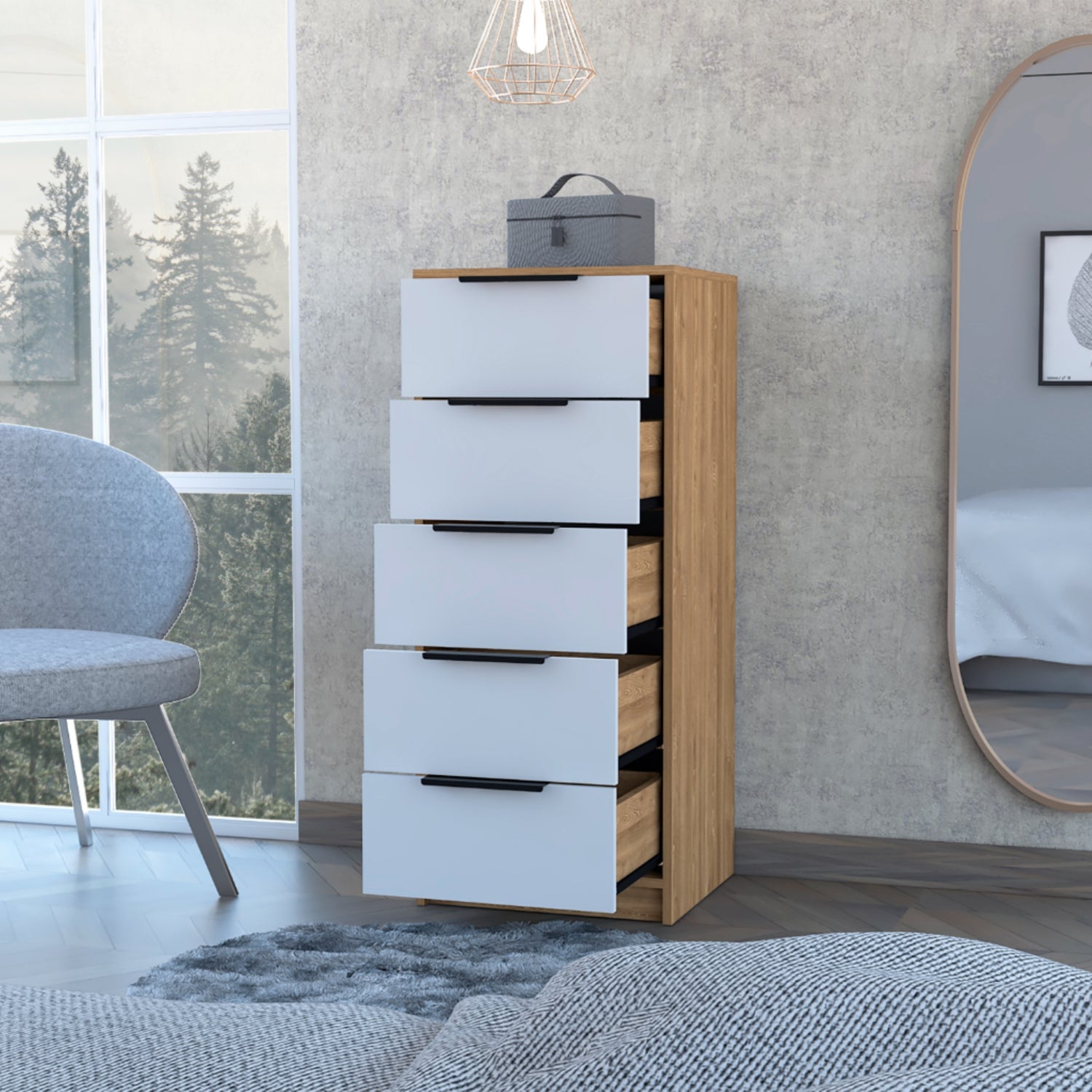 COMODA FMFURNITURE 5 CAJONES FM 002C CAFE CLARO BLANCO - 4