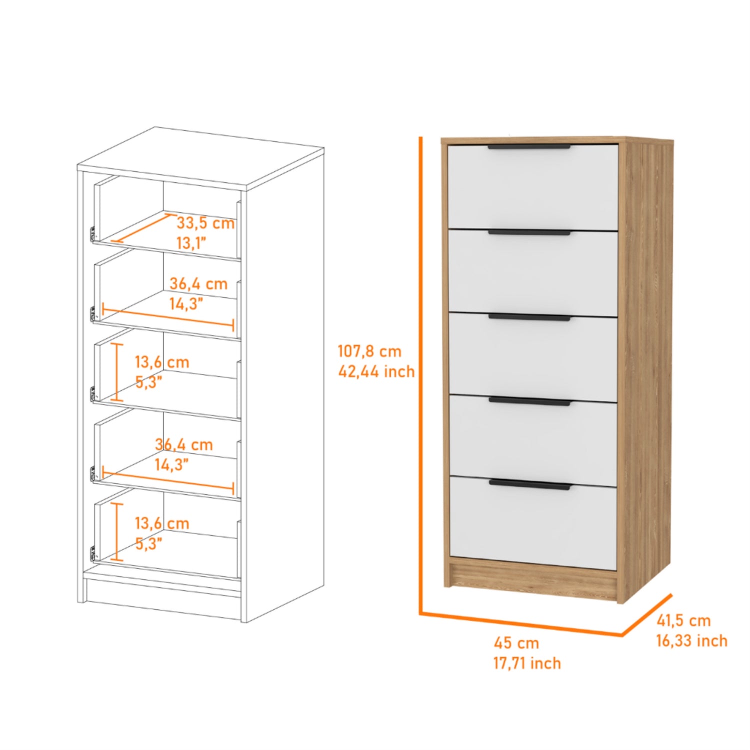 COMODA FMFURNITURE 5 CAJONES FM 002C CAFE CLARO BLANCO - 5