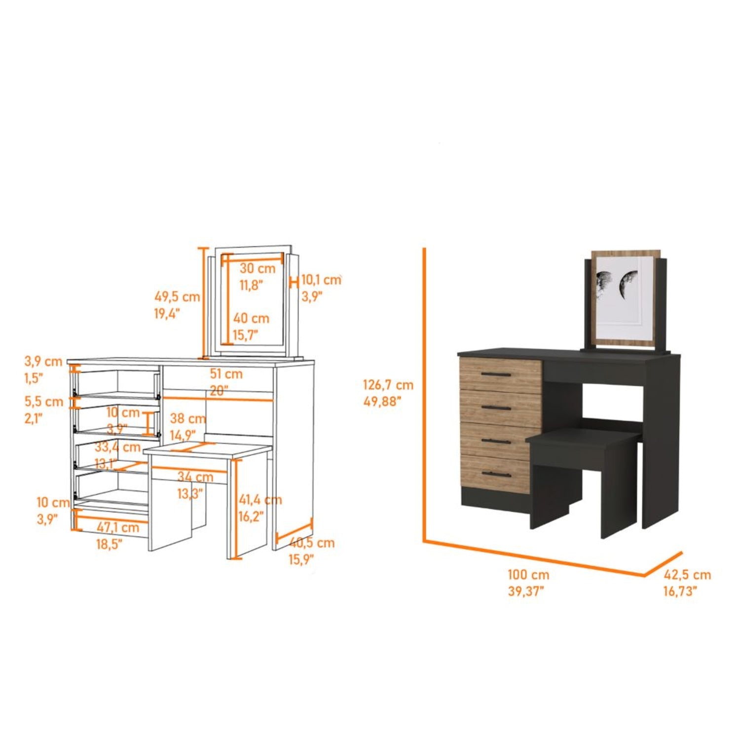 TOCADOR FMFURNITURE MUEBLE CON ESPEJO Y 4 CAJONES FM 001N NEGRO - 7