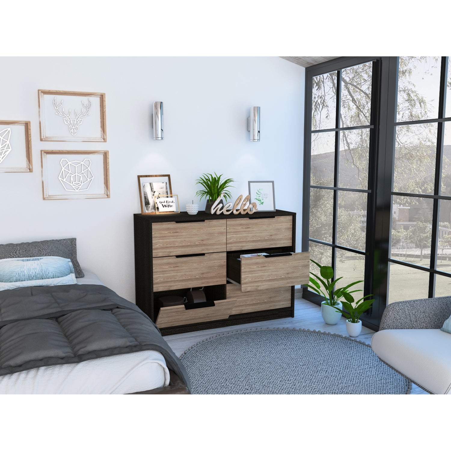 COMODA FMFURNITURE 4 CAJONES 2 PUERTAS FM 003N CAFE CLARO NEGRO - 6