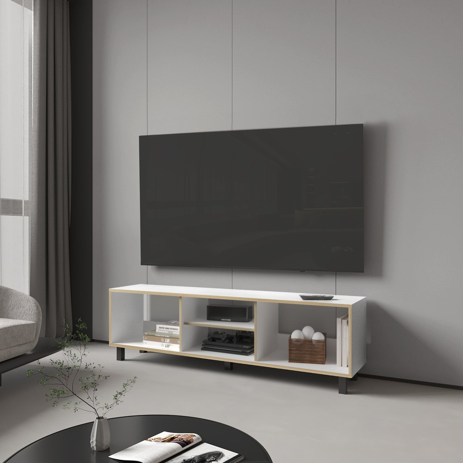 RACK TV FMFURNITURE BLANCO 70' CON 5 REPISAS FM-033B CAFÉ CLARO - 4