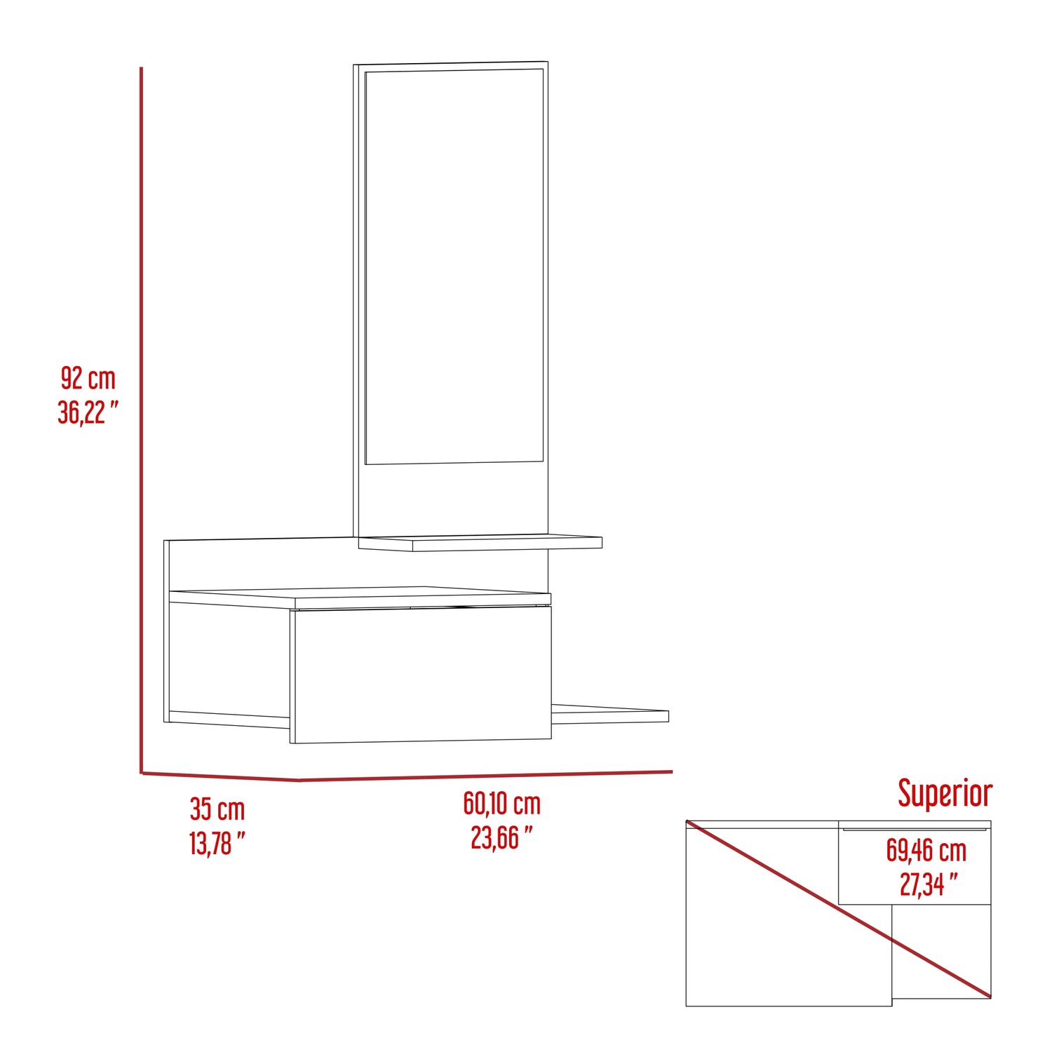 RECIBIDOR FMFURNITURE MUEBLE PARED CON ESPEJO 1 CAJON FM 002C CAFÉ CLARO - 2
