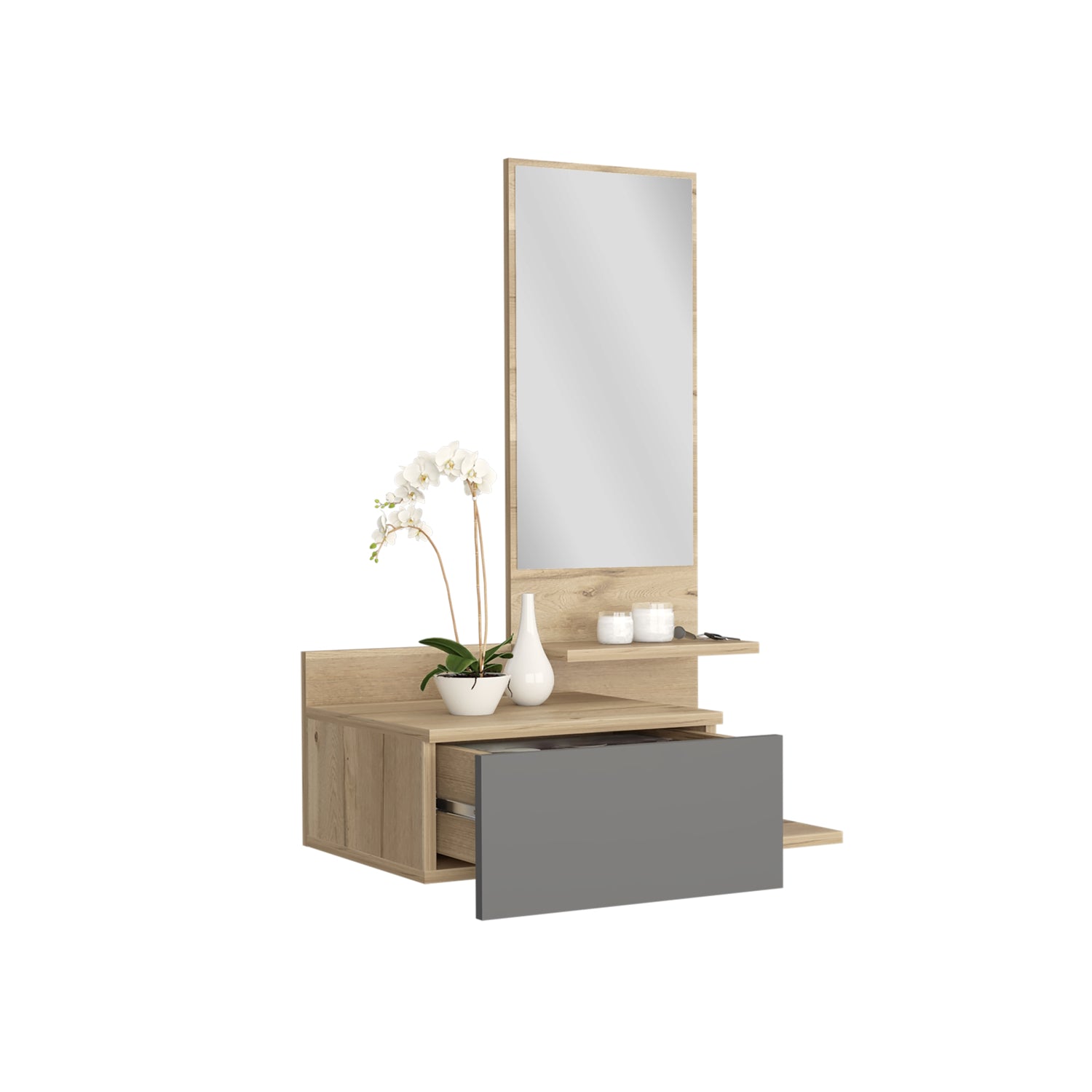 RECIBIDOR FMFURNITURE MUEBLE PARED CON ESPEJO 1 CAJON FM 002C CAFÉ CLARO - 3