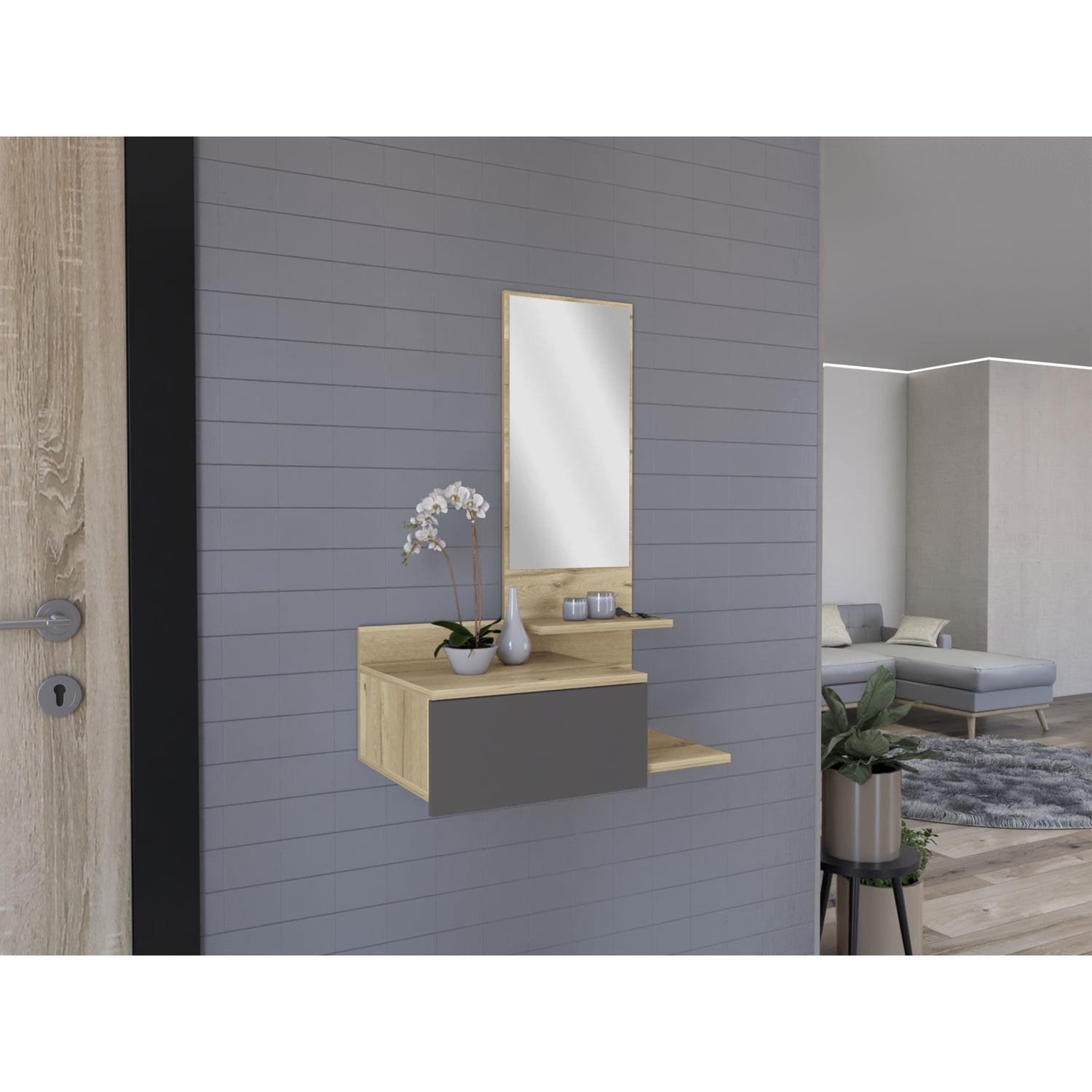 RECIBIDOR FMFURNITURE MUEBLE PARED CON ESPEJO 1 CAJON FM 002C CAFÉ CLARO - 5