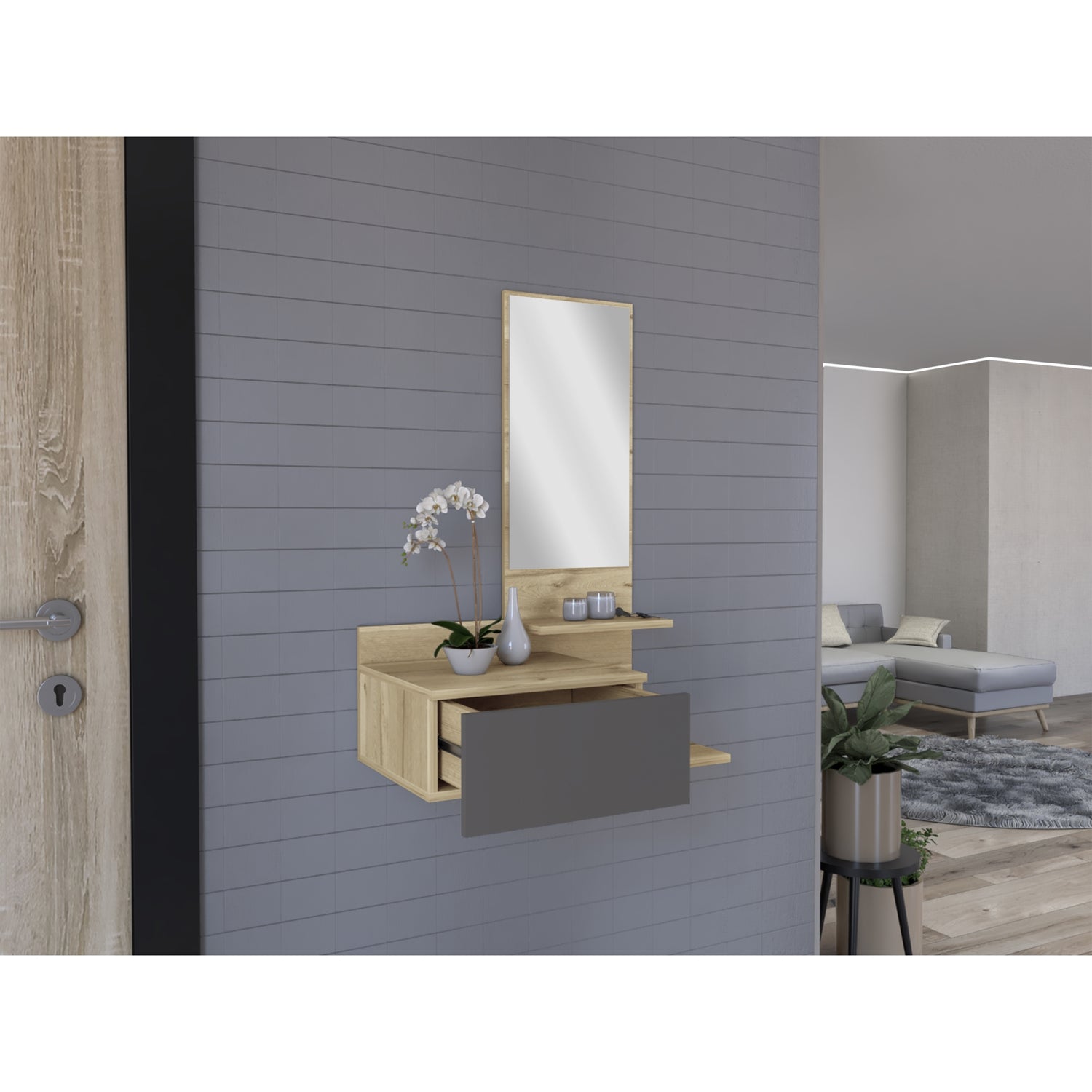 RECIBIDOR FMFURNITURE MUEBLE PARED CON ESPEJO 1 CAJON FM 002C CAFÉ CLARO - 6
