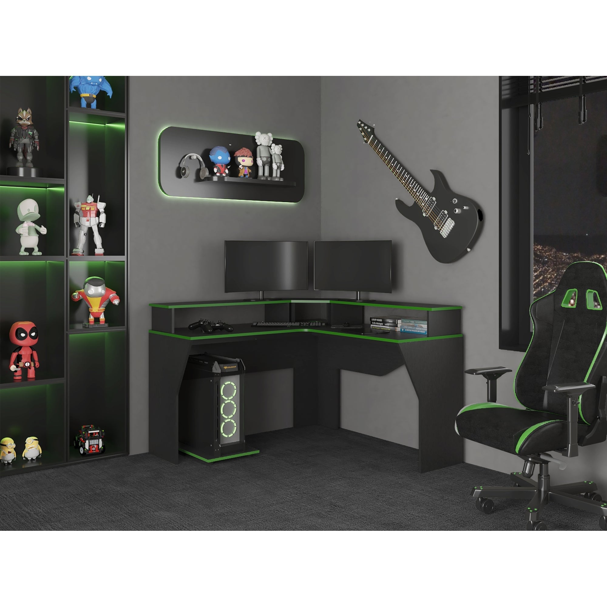 ESCRITORIO GAMER EN L FM-046O - NEGRO Y CANTO VERDE - 7