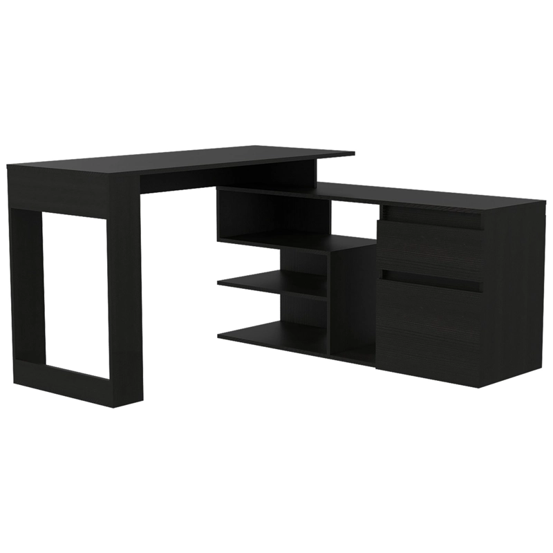ESCRITORIO EN L 2 CAJONES Y ESTANTES FM-031N NEGRO - 1