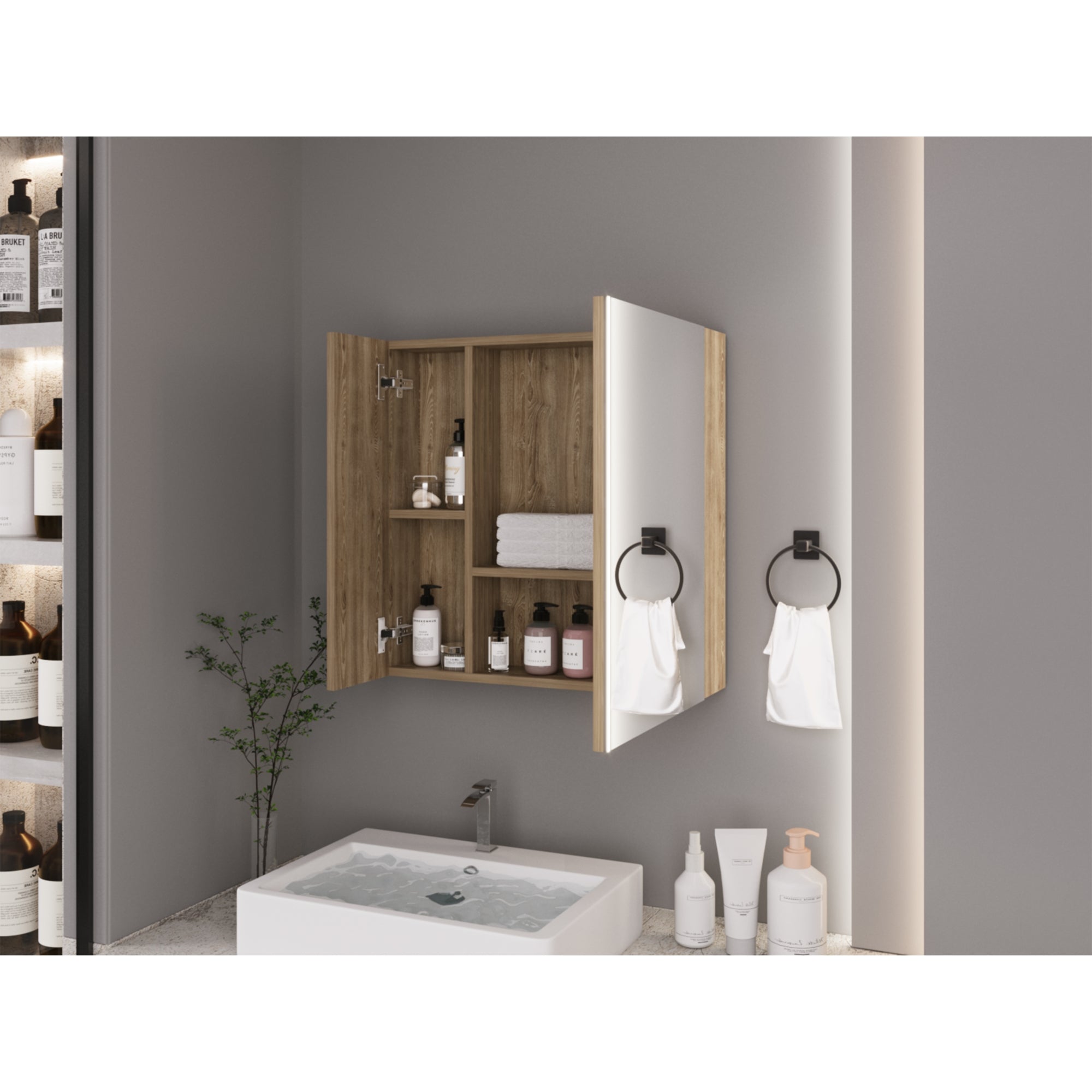 MUEBLE BAÑO FMFURNITURE BOTIQUIN 2 PUERTAS CON ESPEJO - FM-002C CAFÉ CLARO - 6