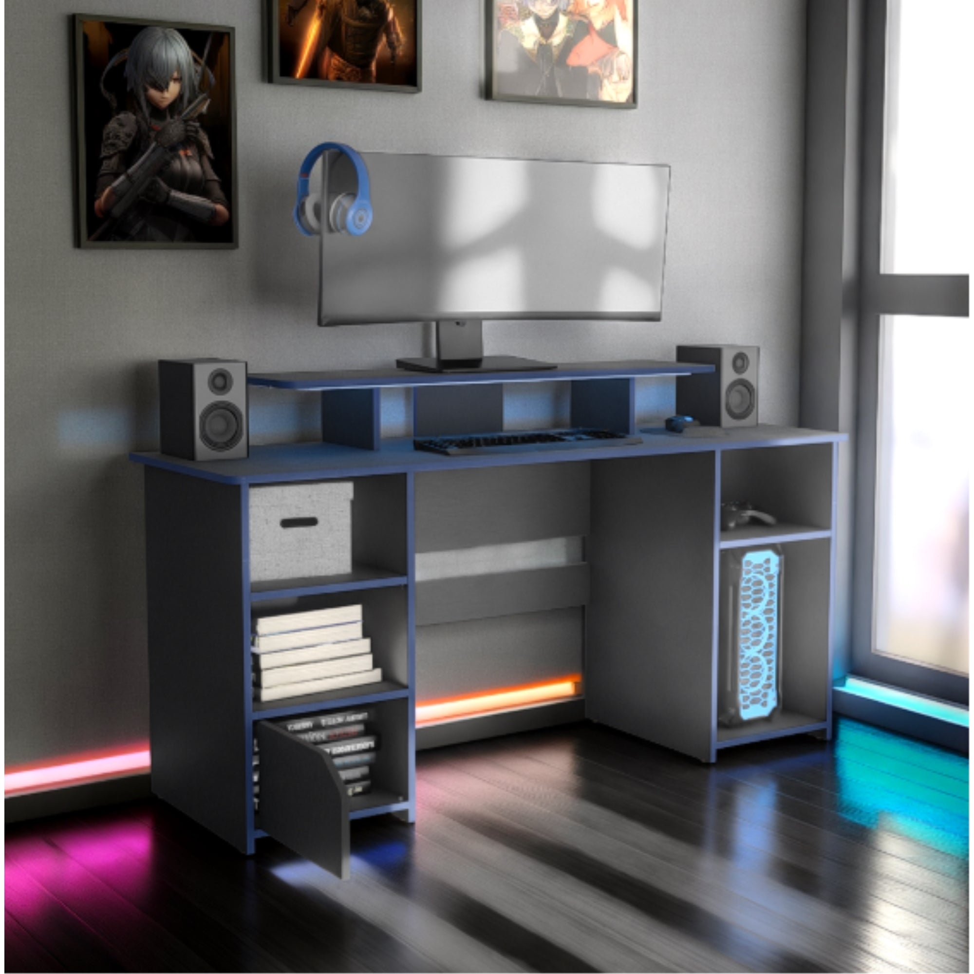 ESCRITORIO GAMER 1 PUERTA FM-045A NEGRO Y AZUL - 5