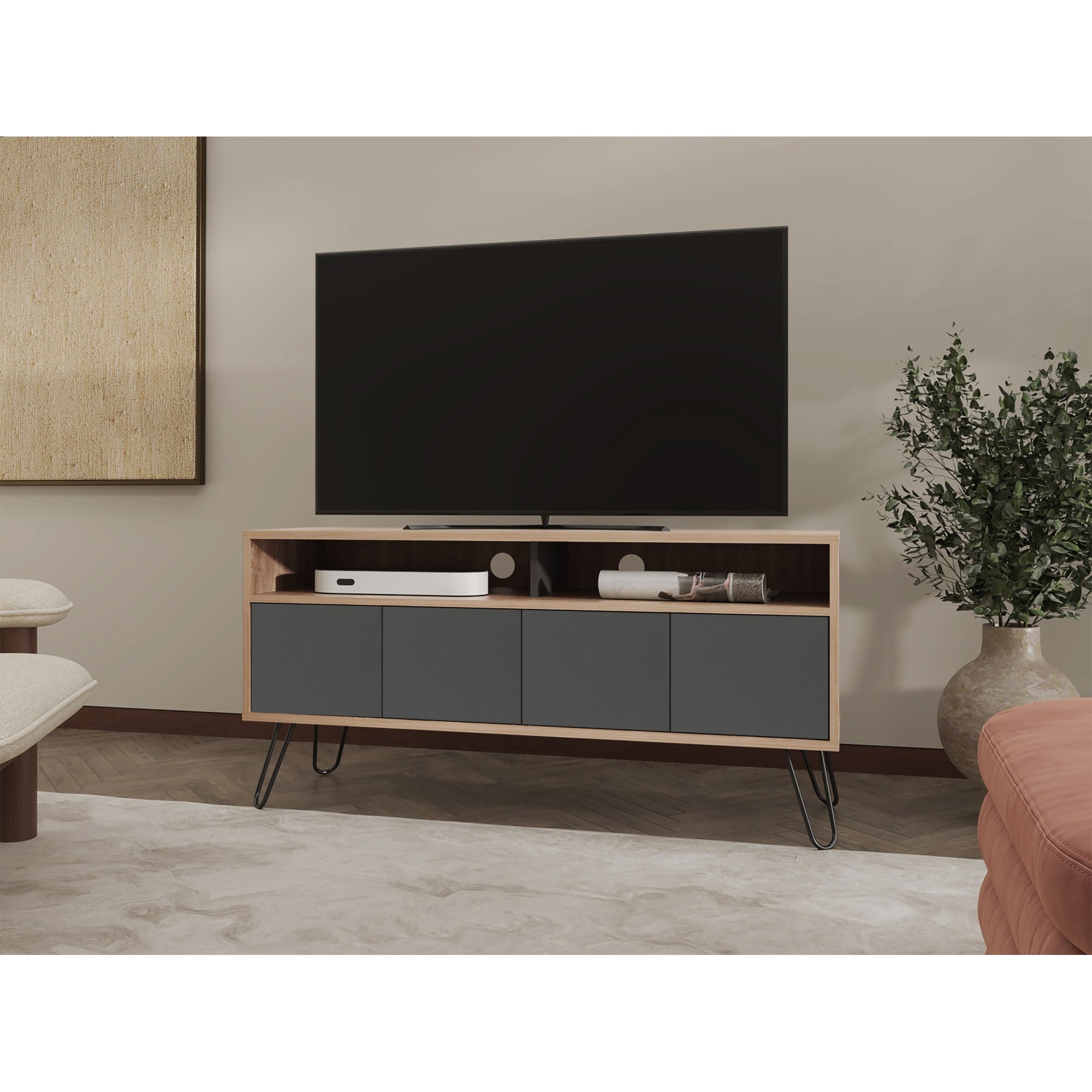 RACK TV 55' CON 2 REPISAS Y 4 PUERTAS FM-006C CAFÉ CLARO Y PLOMO - 10
