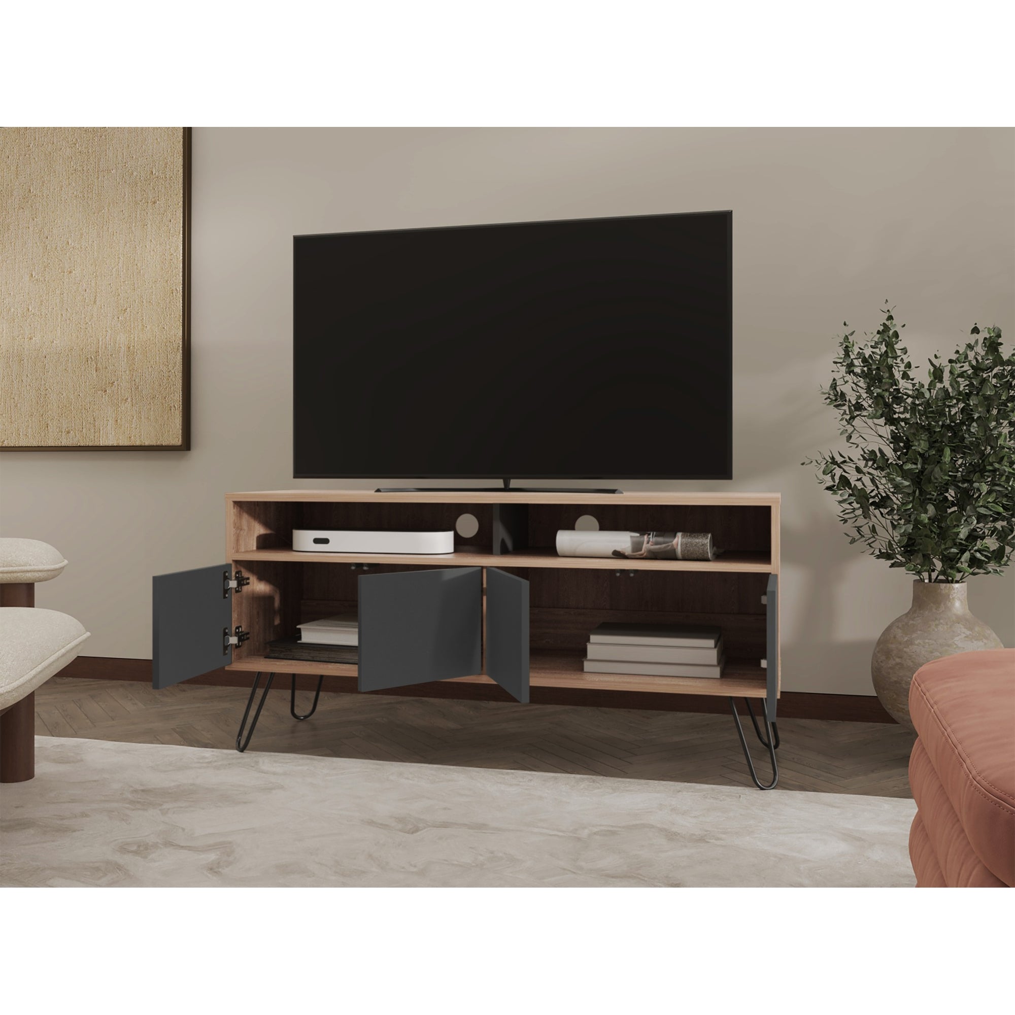 RACK TV 55' CON 2 REPISAS Y 4 PUERTAS FM-006C CAFÉ CLARO Y PLOMO - 11