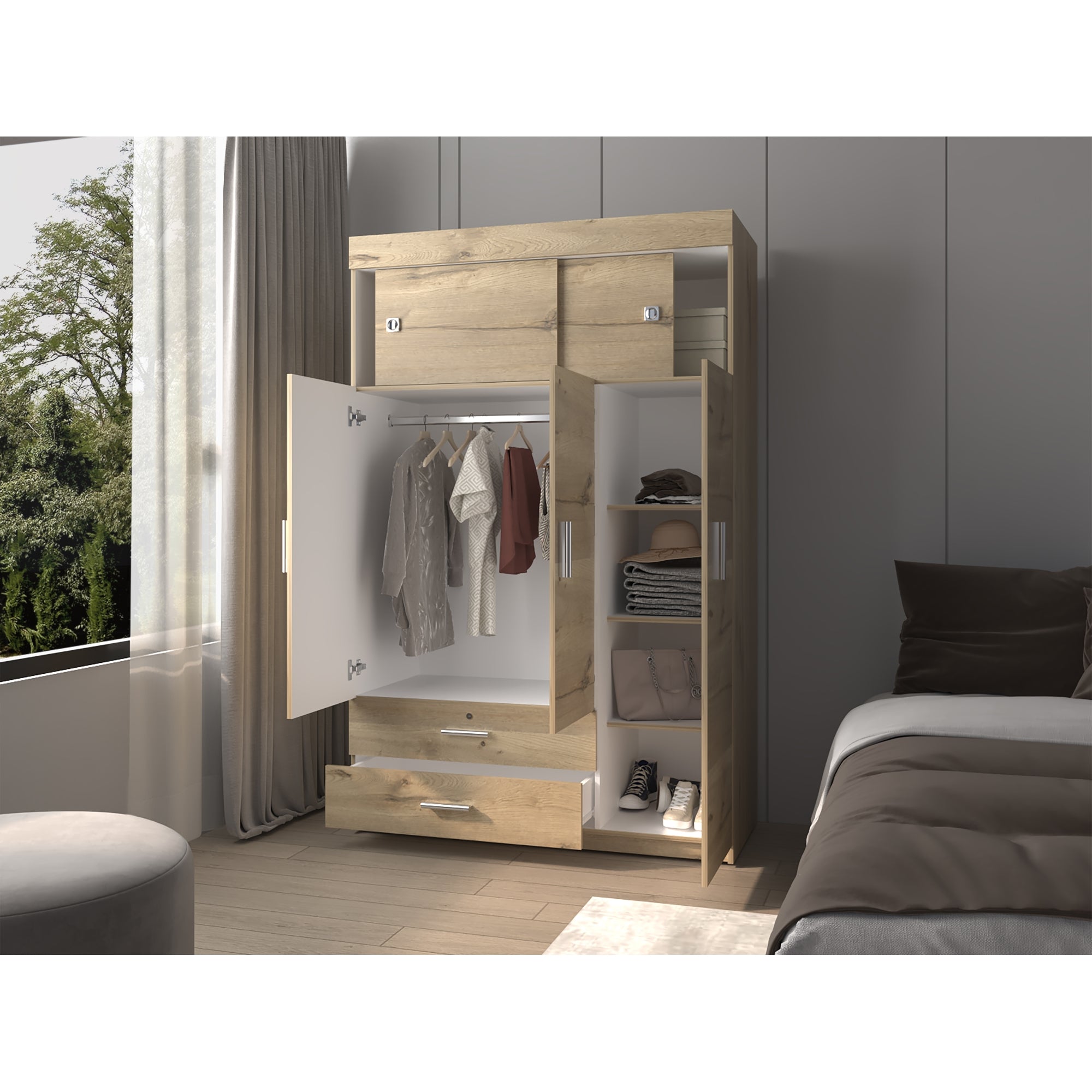 CLOSET 5 PUERTAS 2 CAJONES FM-003C CAFÉ CLARO Y BLANCO - 6