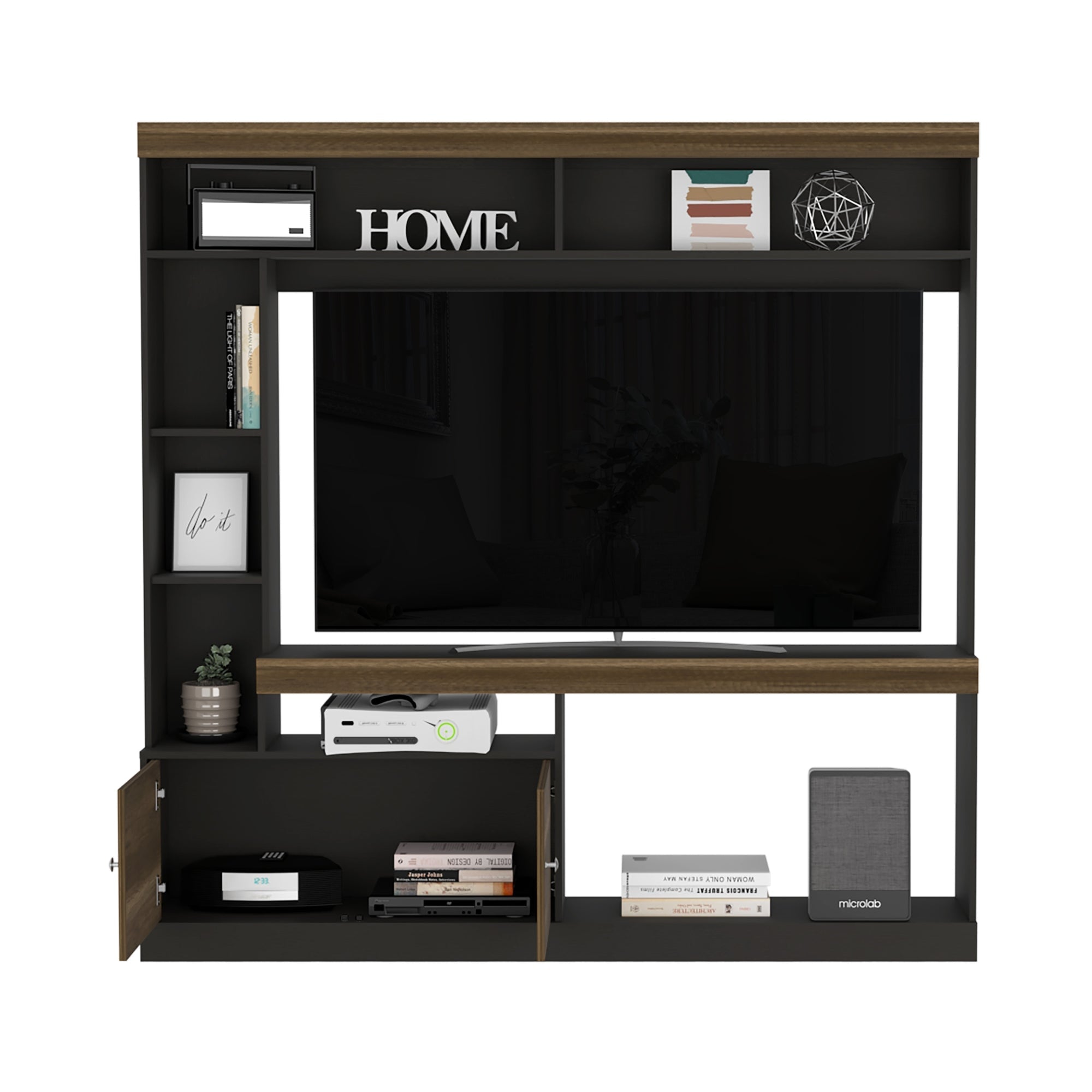 ESTANTE TV 55' CON 2 PUERTAS 7 REPISAS FM-002O CAFÉ OSCURO Y NEGRO - 3