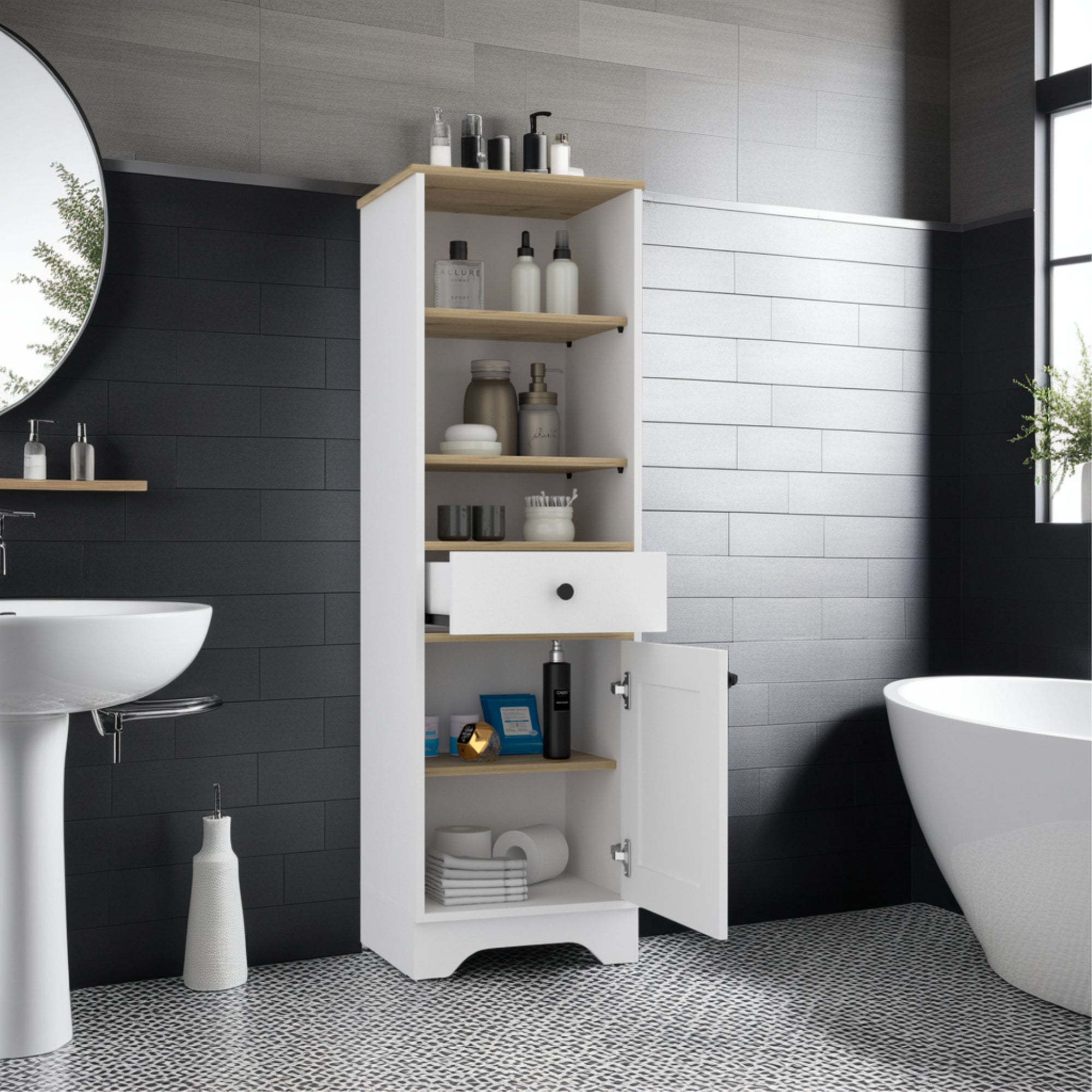 ESTANTE ORGANZADOR BAÑO 1 PUERTA 1 CAJON FM-005C CAFÉ CLARO Y BLANCO - 5