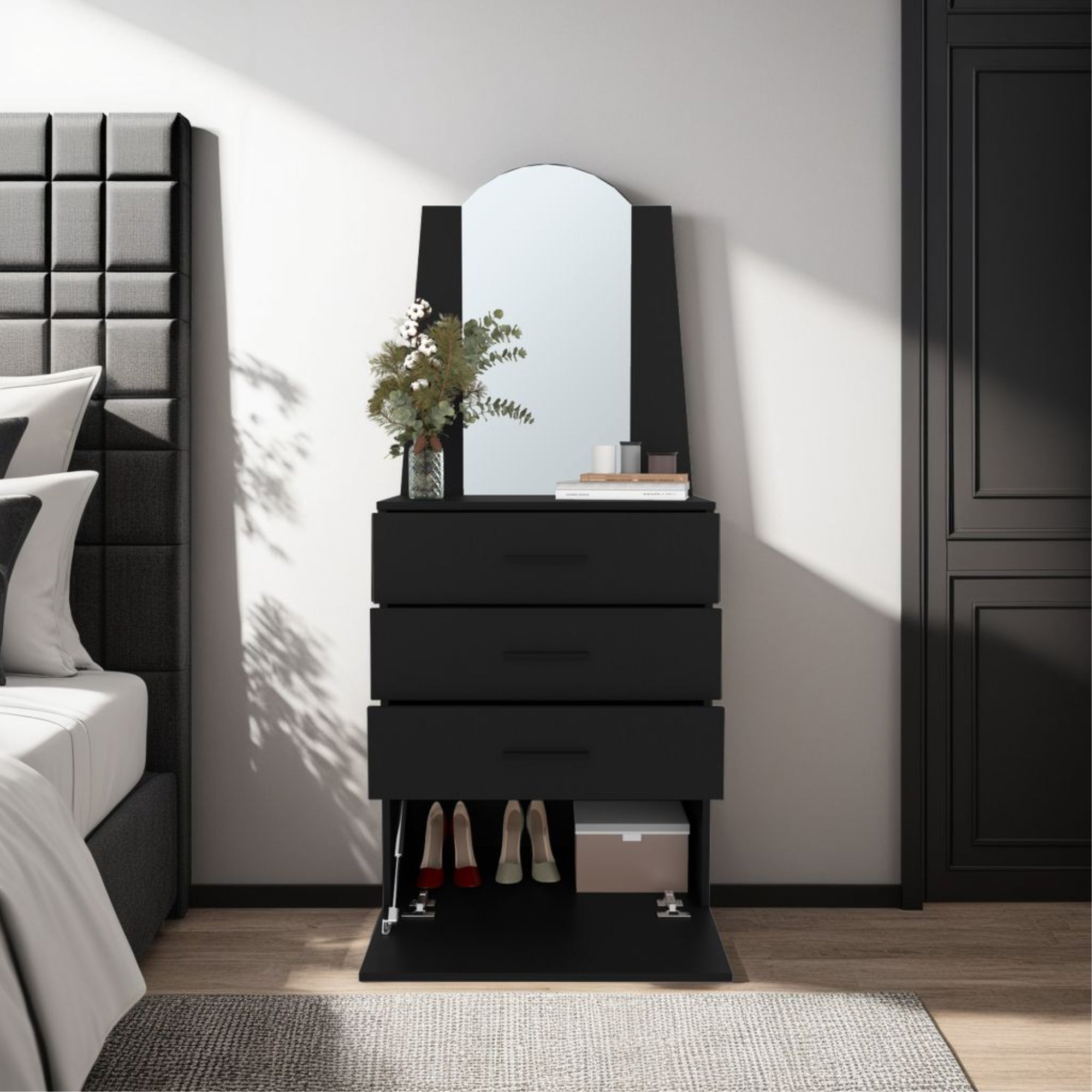 COMODA CON ESPEJO 3 CAJONES 1 PUERTA EN COLOR NEGRO - 5