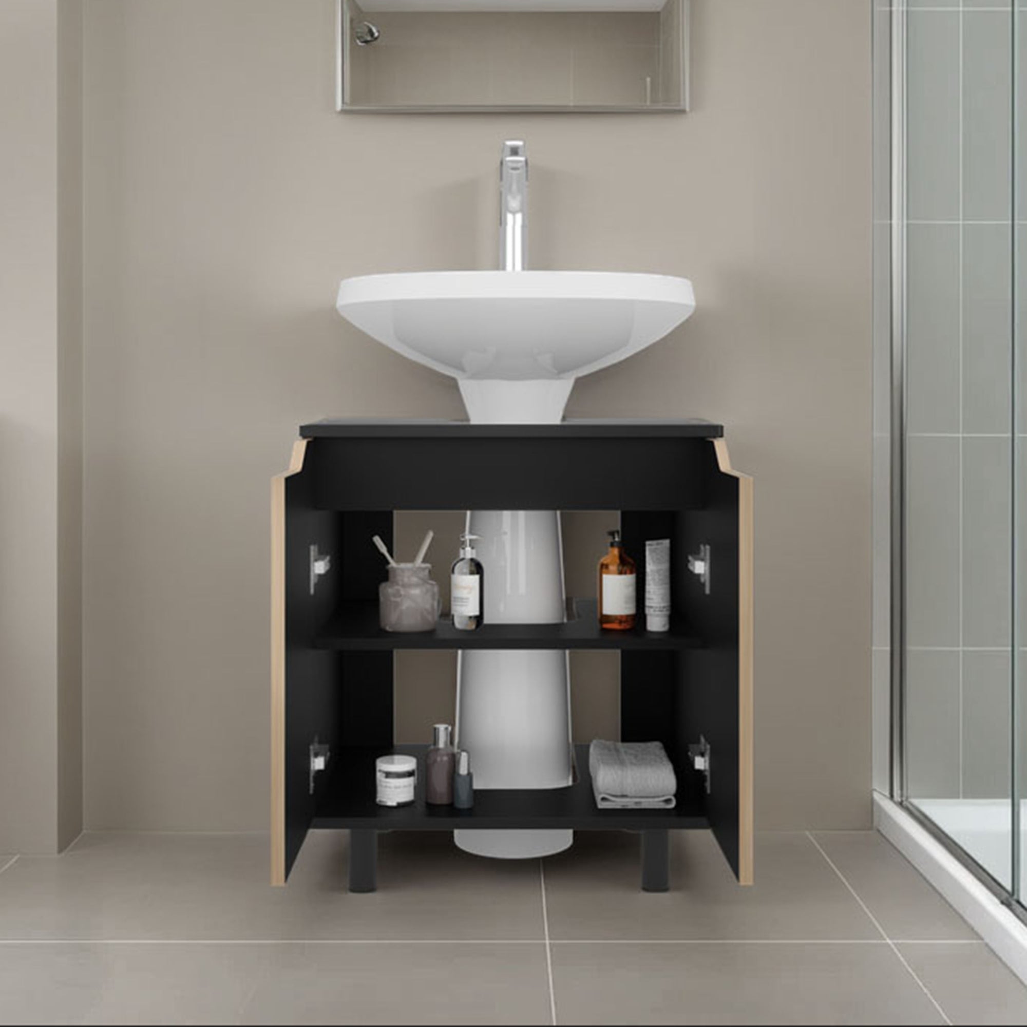 MUEBLE PARA LAVAMANOS 2 PUERTAS EN COLOR NEGRO Y EN COLOR CAFE CLARO - 6